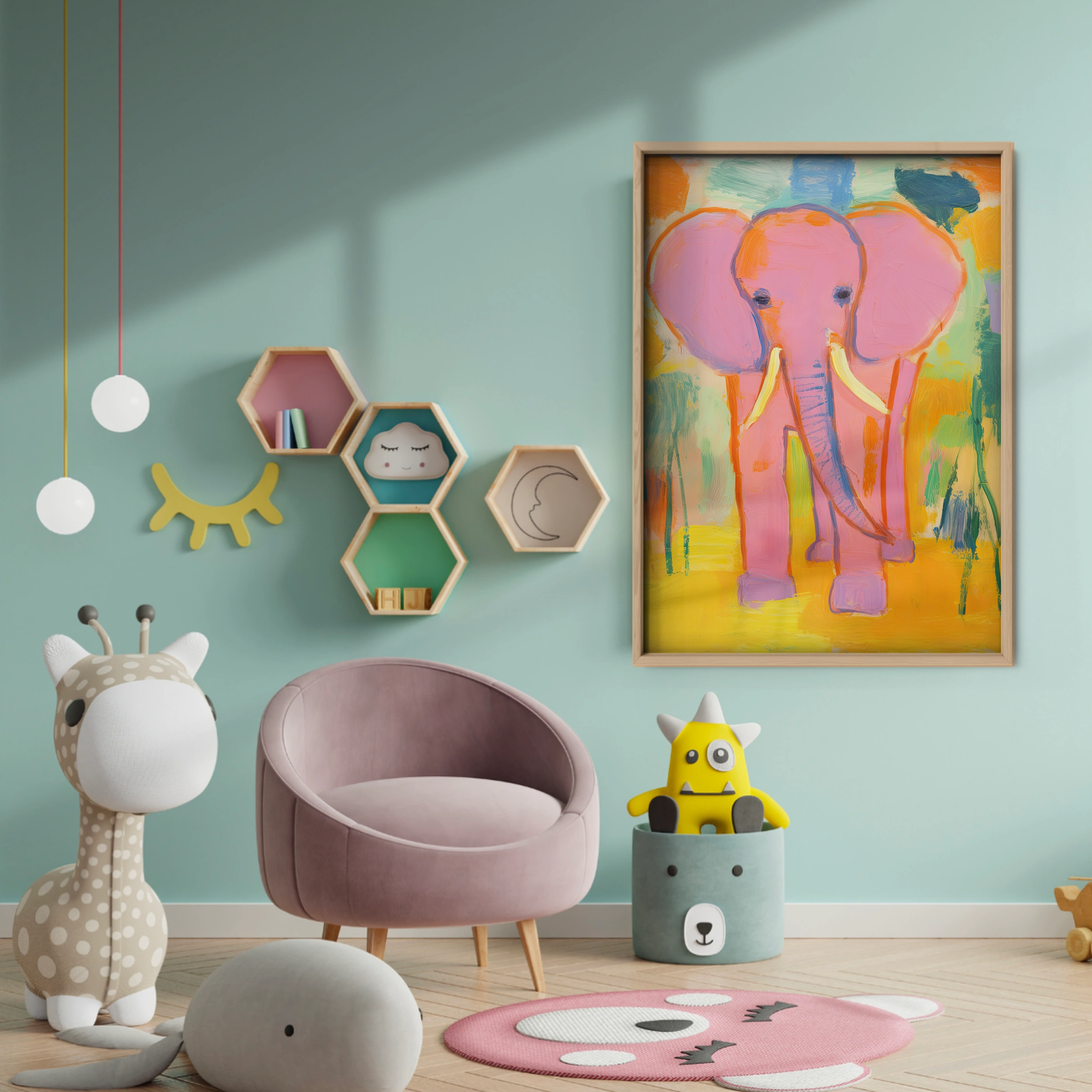 Bold Pink Elephant Nursery Print - baby room wall decor print