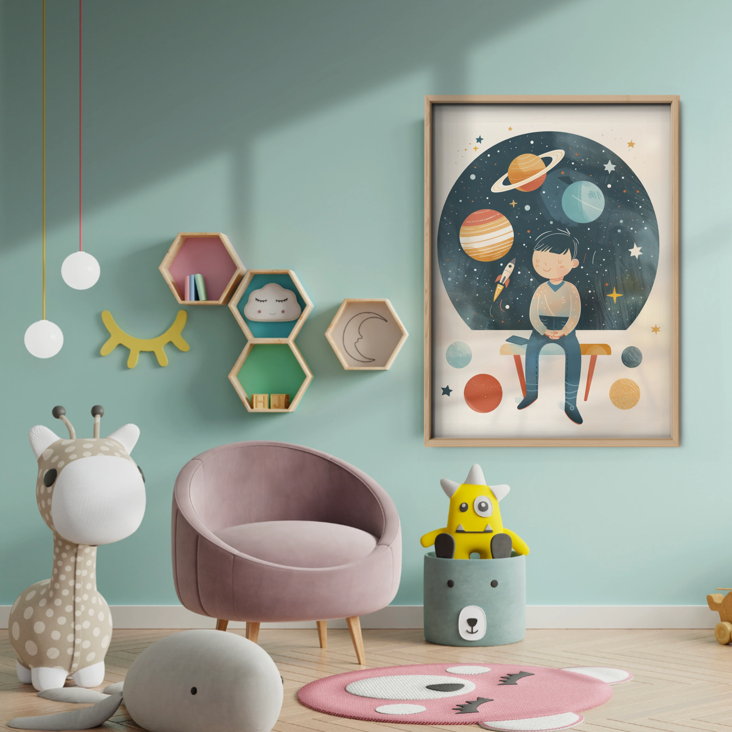 Boy and the Planets Nursery Print - baby room wall decor print