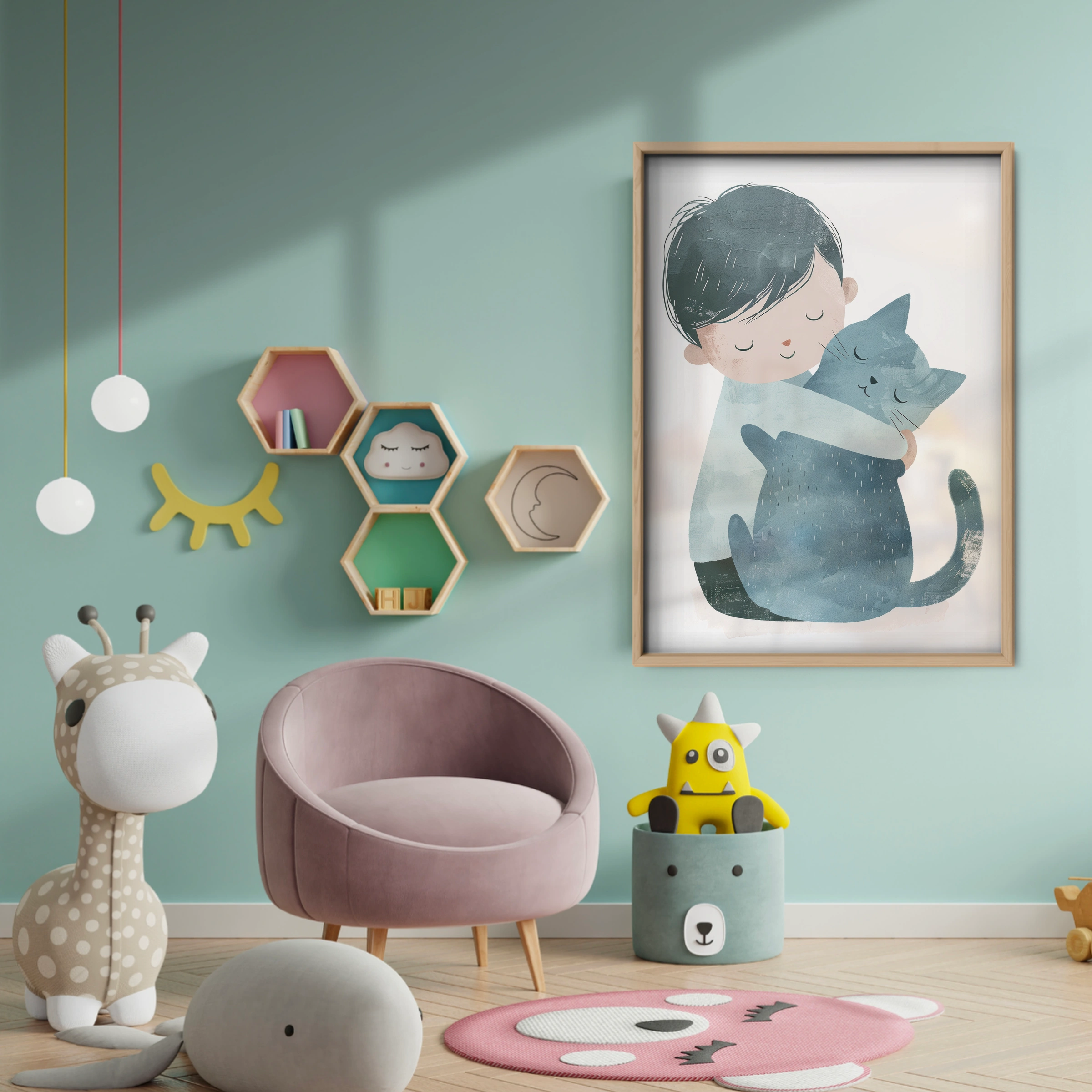 Boy Hugging a Cat Nursery Print - baby room wall decor print