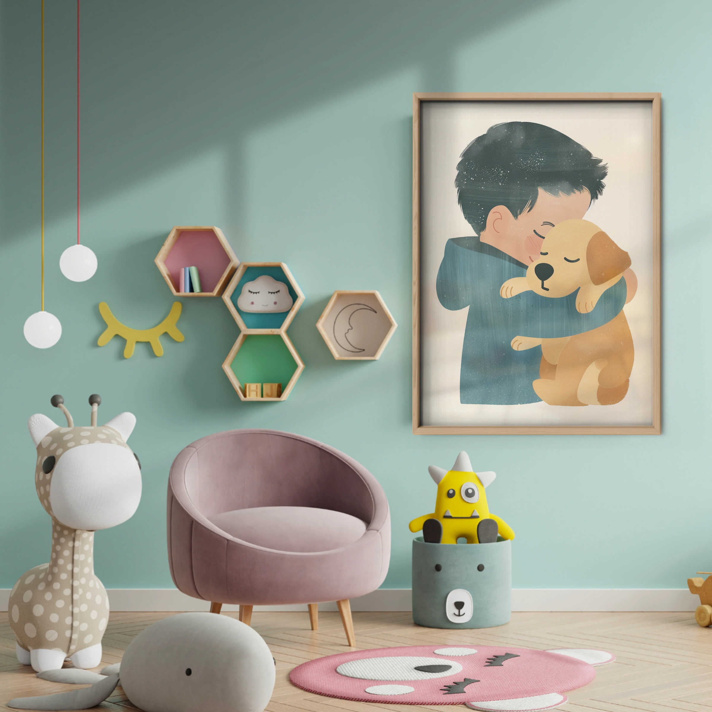Boy Hugging a Puppy Nursery Print - baby room wall decor print