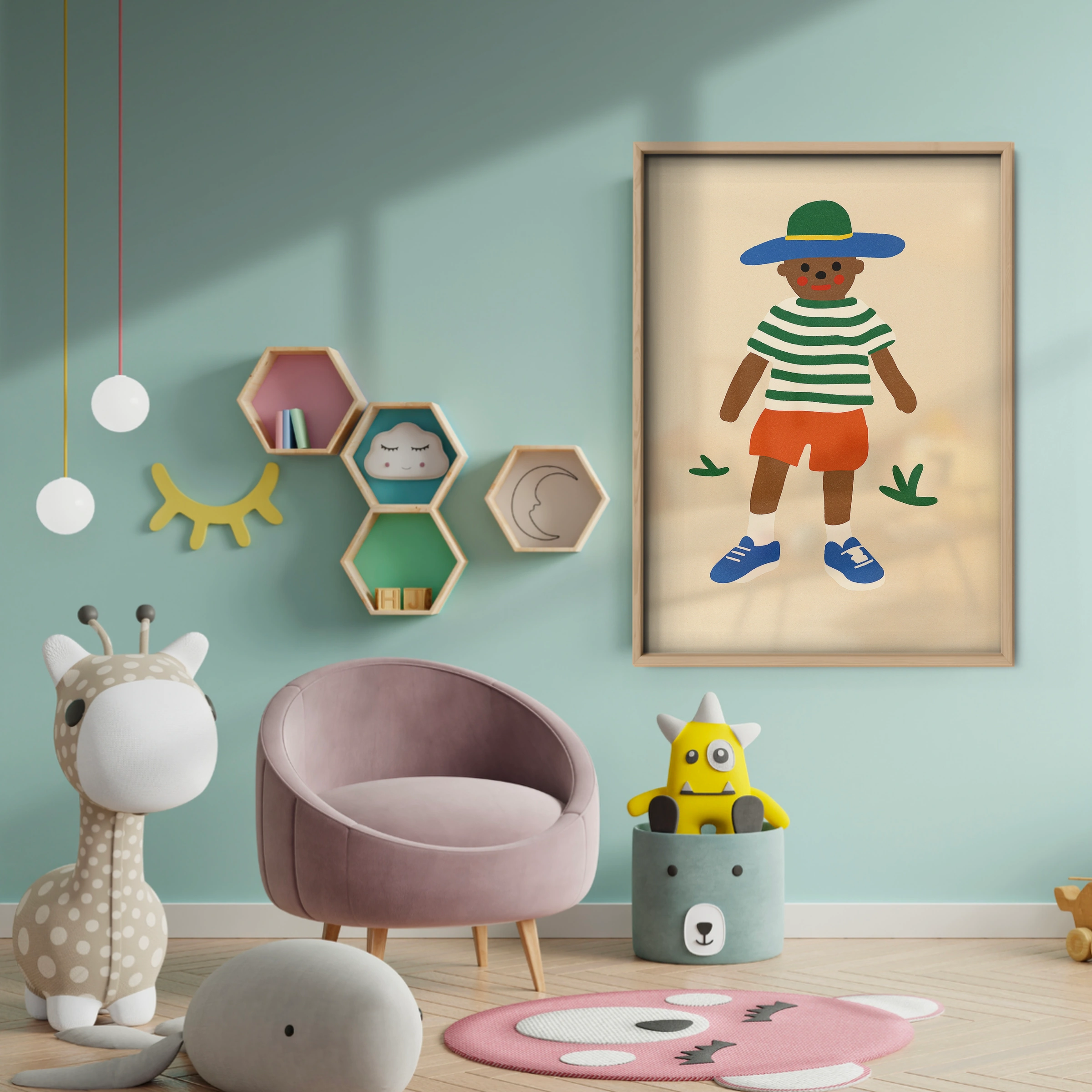 Boy in a Sun Hat Nursery Print - baby room wall decor print