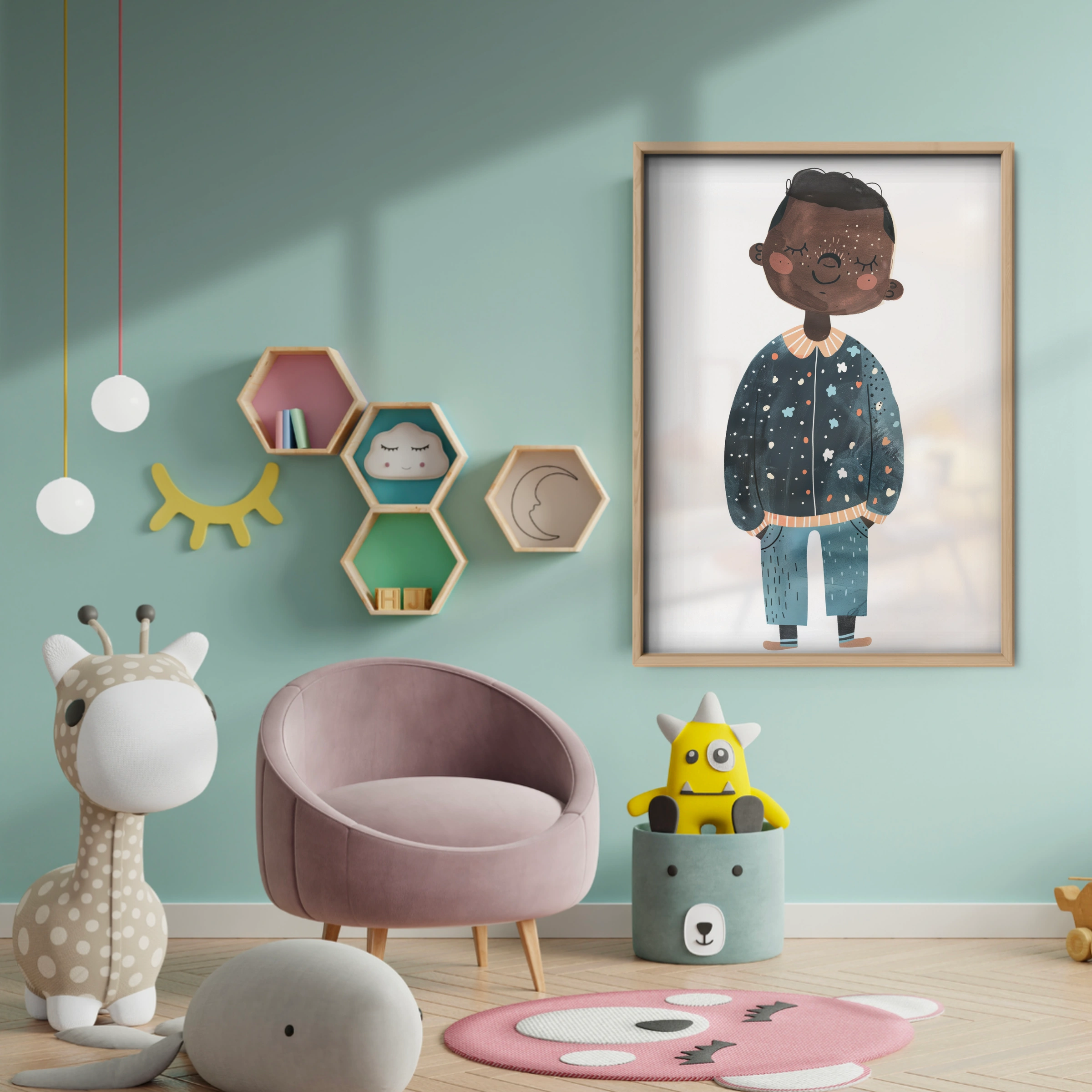 Boy in Star Pyjamas Nursery Print - baby room wall decor print
