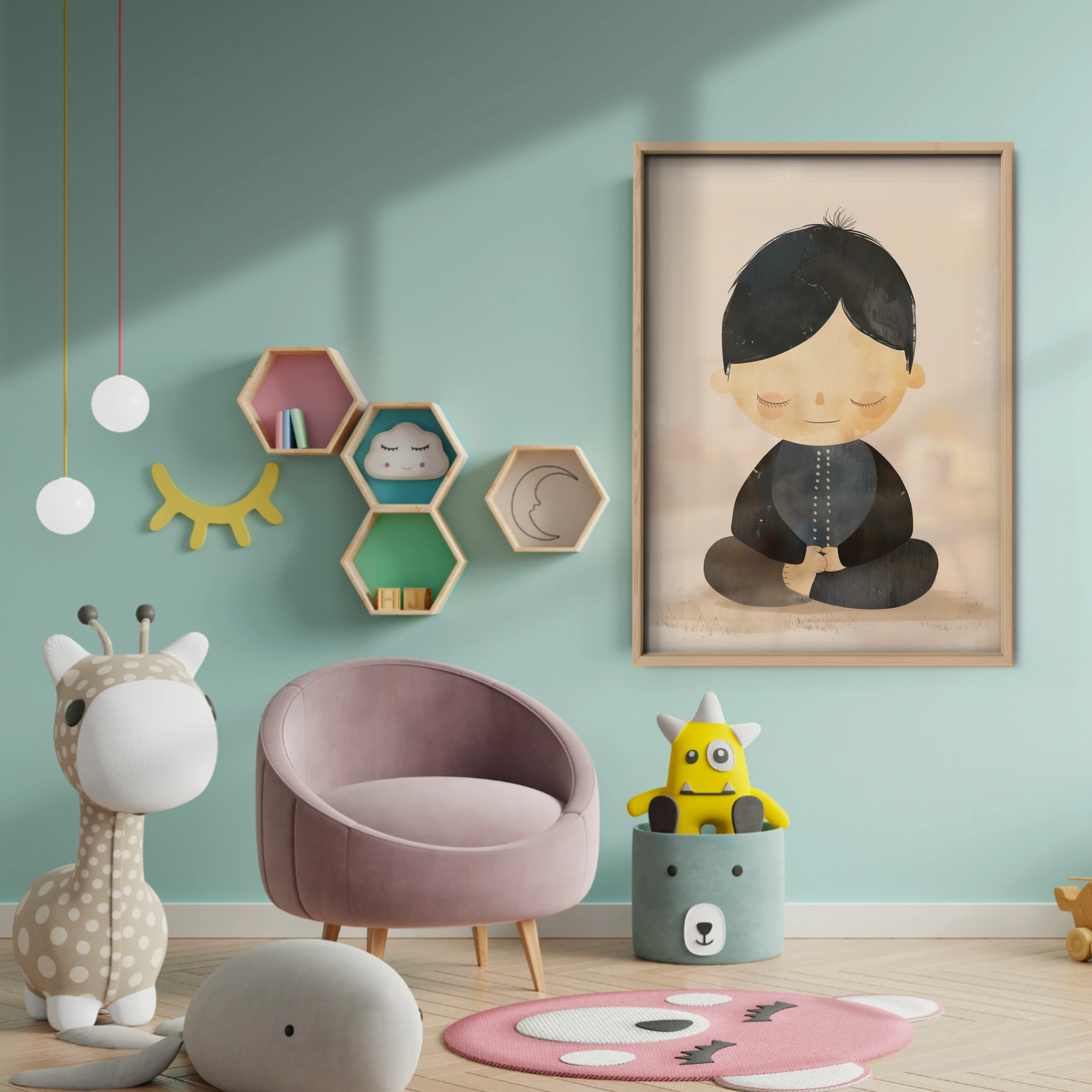 Boy Meditating Nursery Print - baby room wall decor print