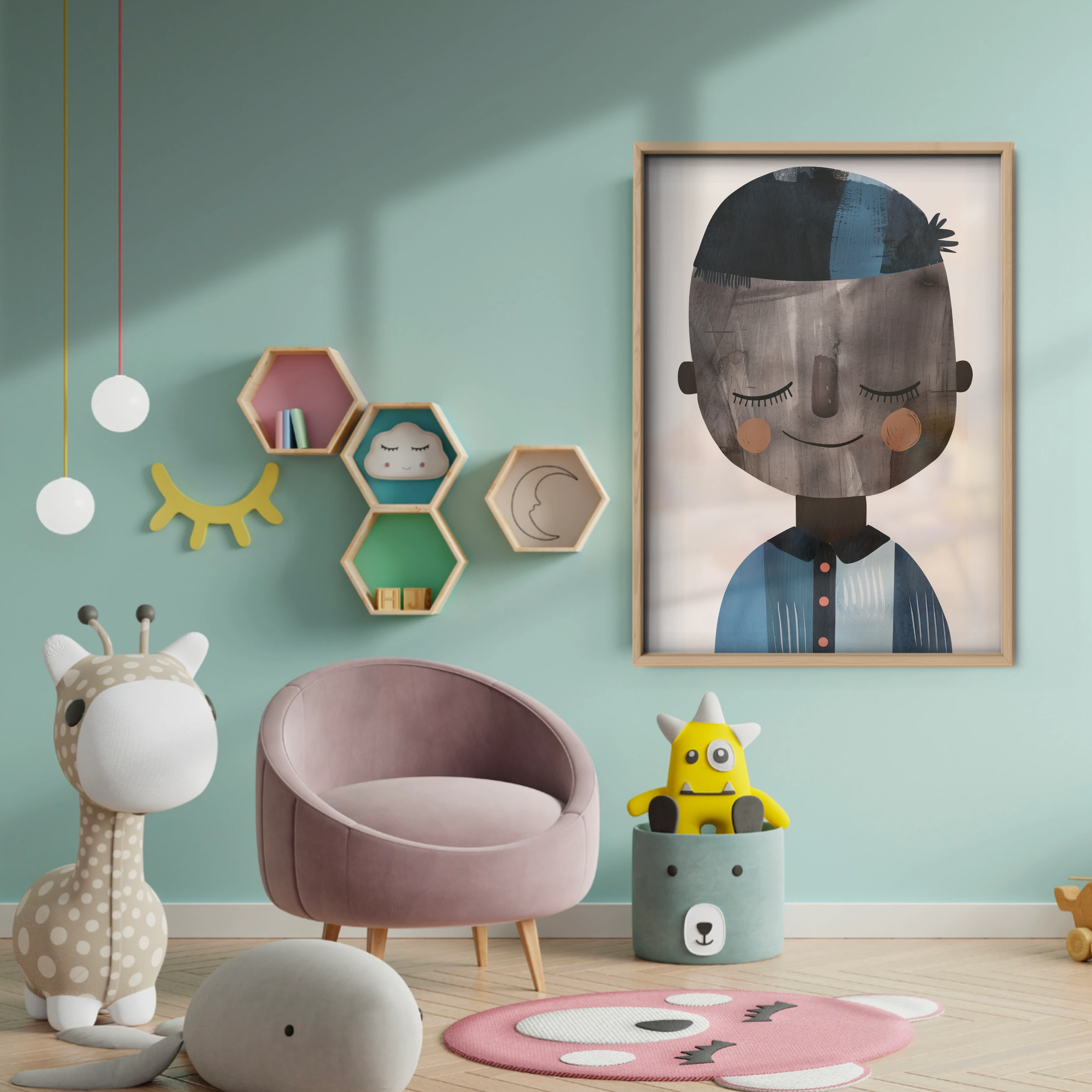 Boy Portrait Blue Nursery Print - baby room wall decor print