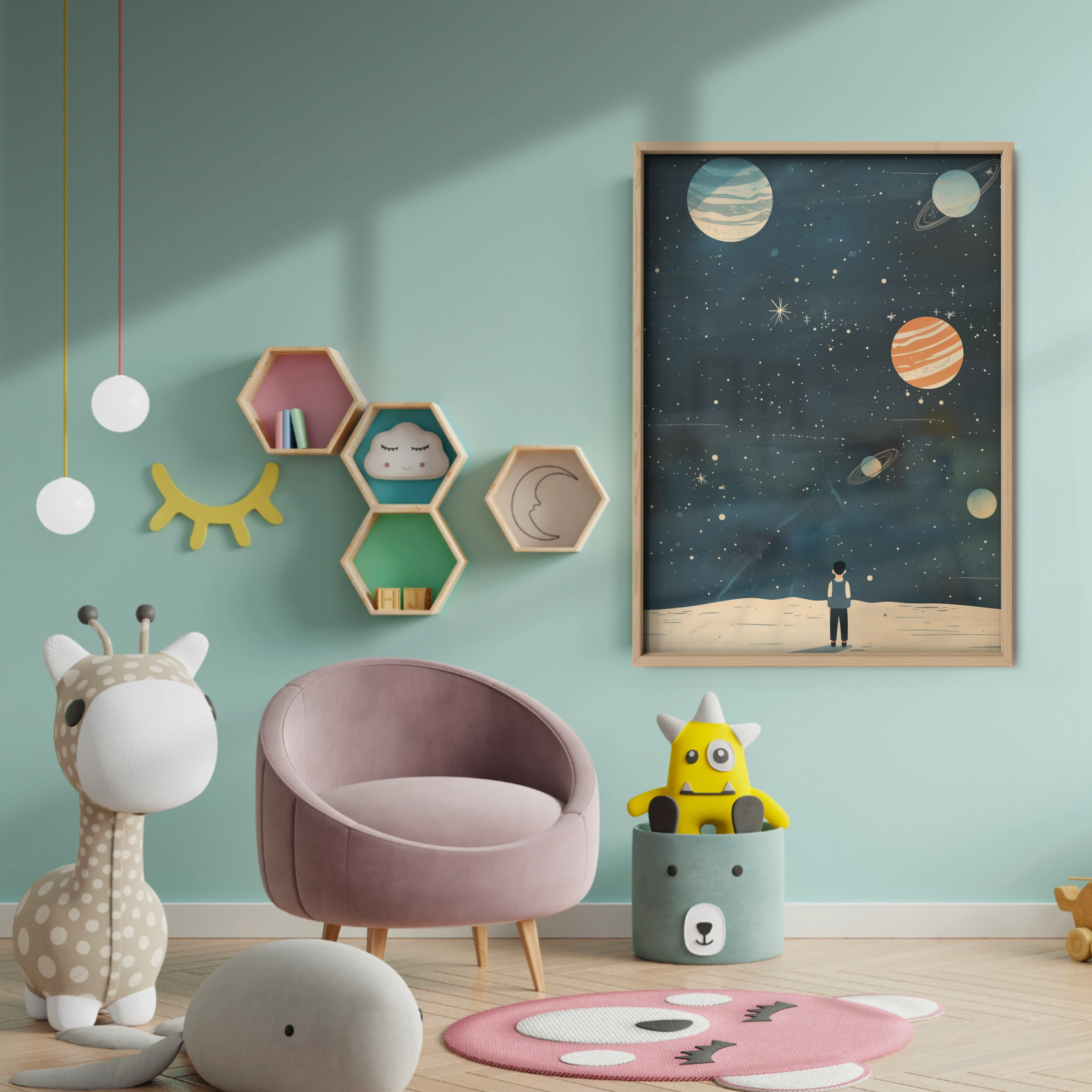 Boy Under the Planets Nursery Print - baby room wall decor print