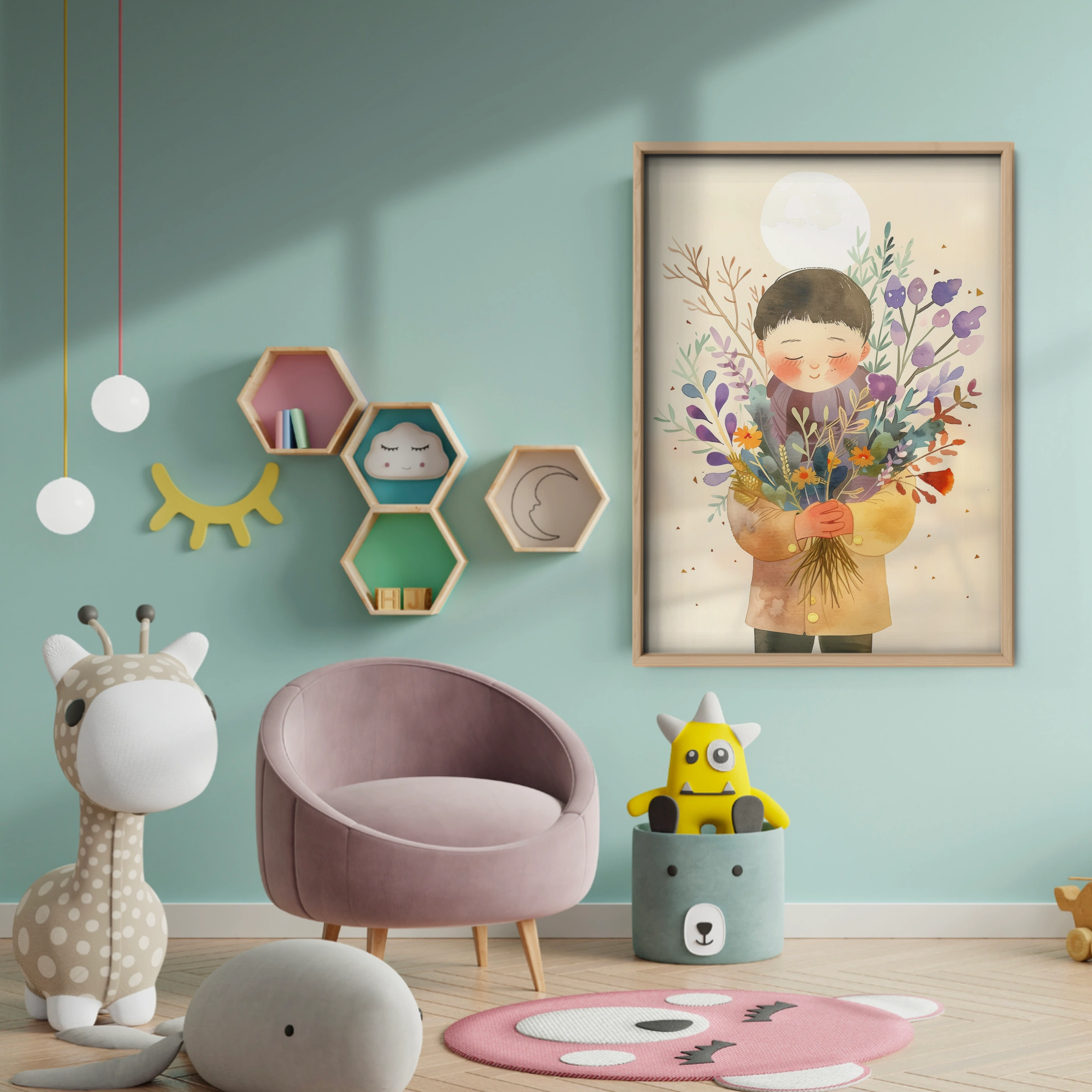 Boy with Flowers Nursery Print - baby room wall decor print