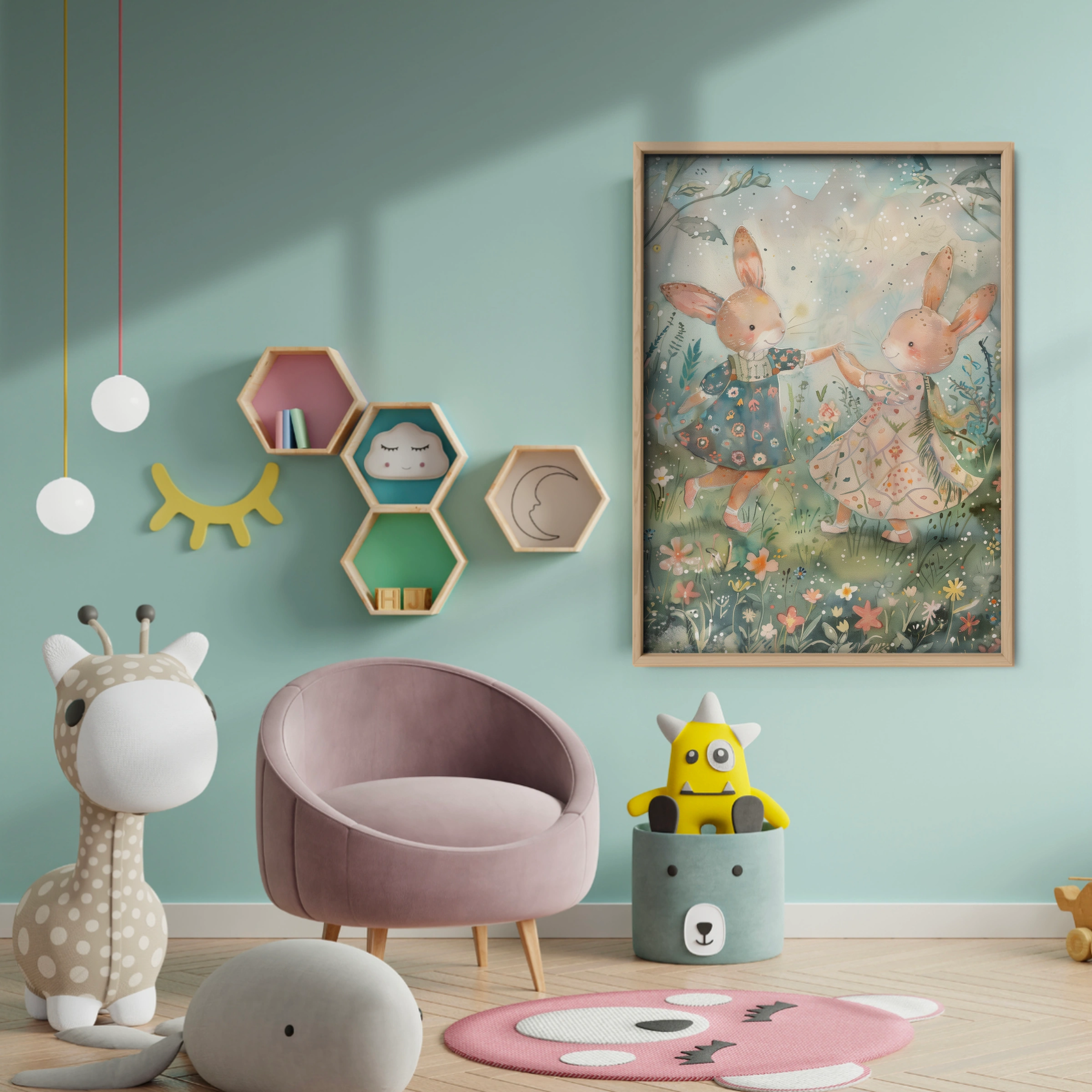 Bunnies Dancing Nursery Print - baby room wall decor print