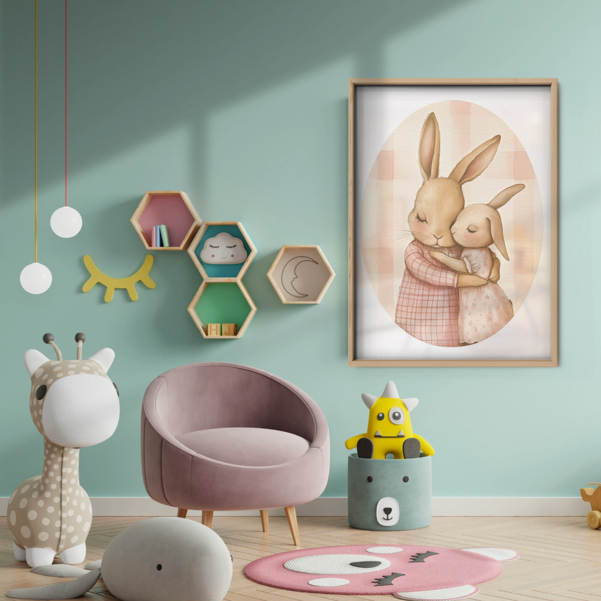 Bunnies Hugging Nursery Print - baby room wall decor print
