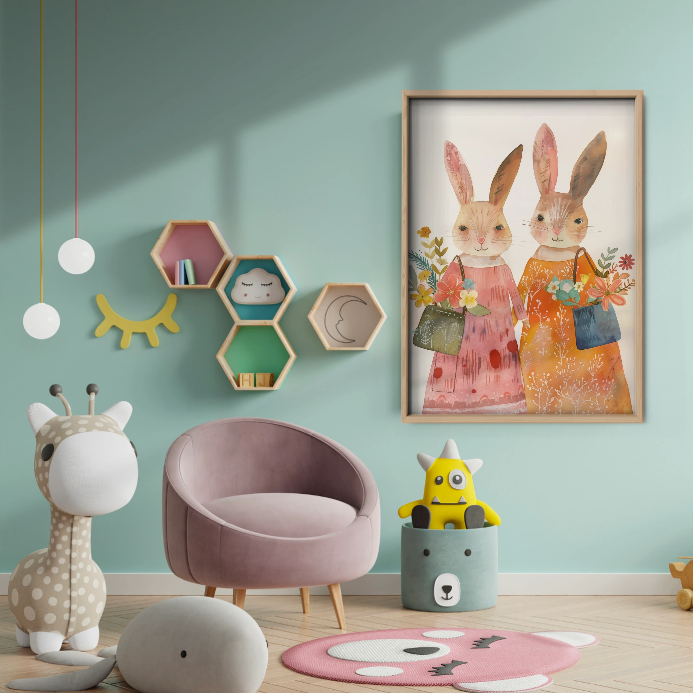 Bunnies in Dresses Nursery Print - baby room wall decor print