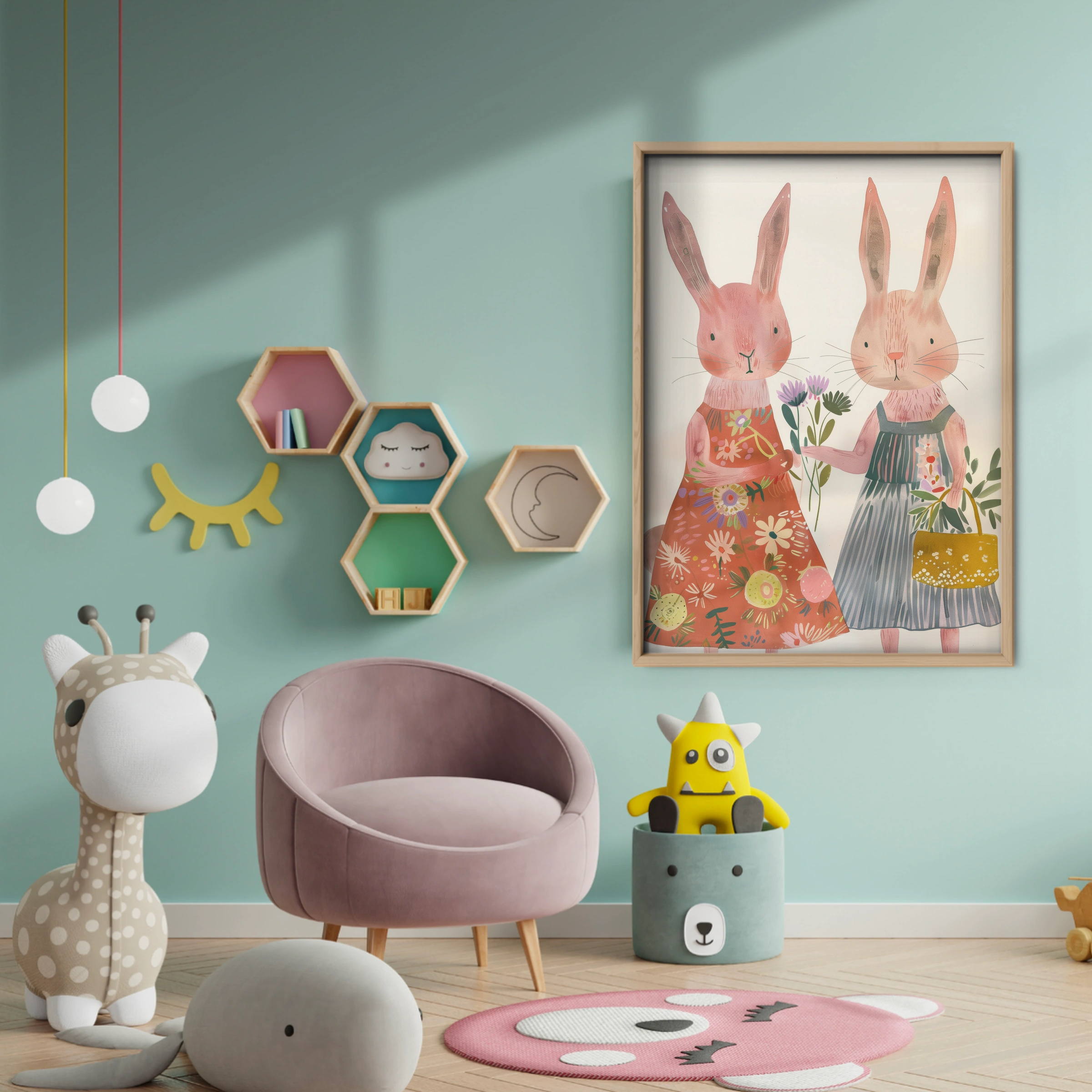 Bunnies with Flowers Nursery Print - baby room wall decor print