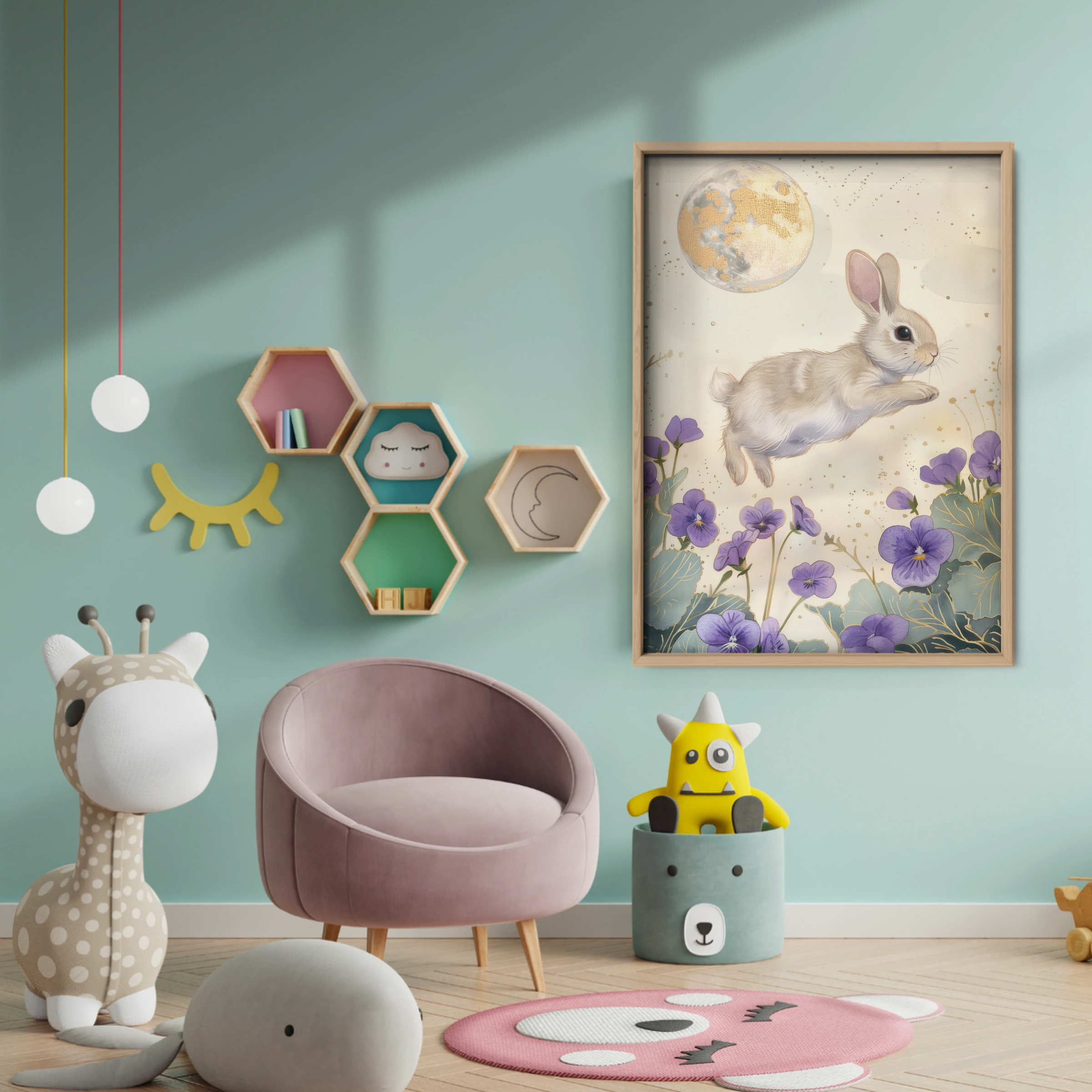Bunny and the Moon Nursery Print - baby room wall decor print