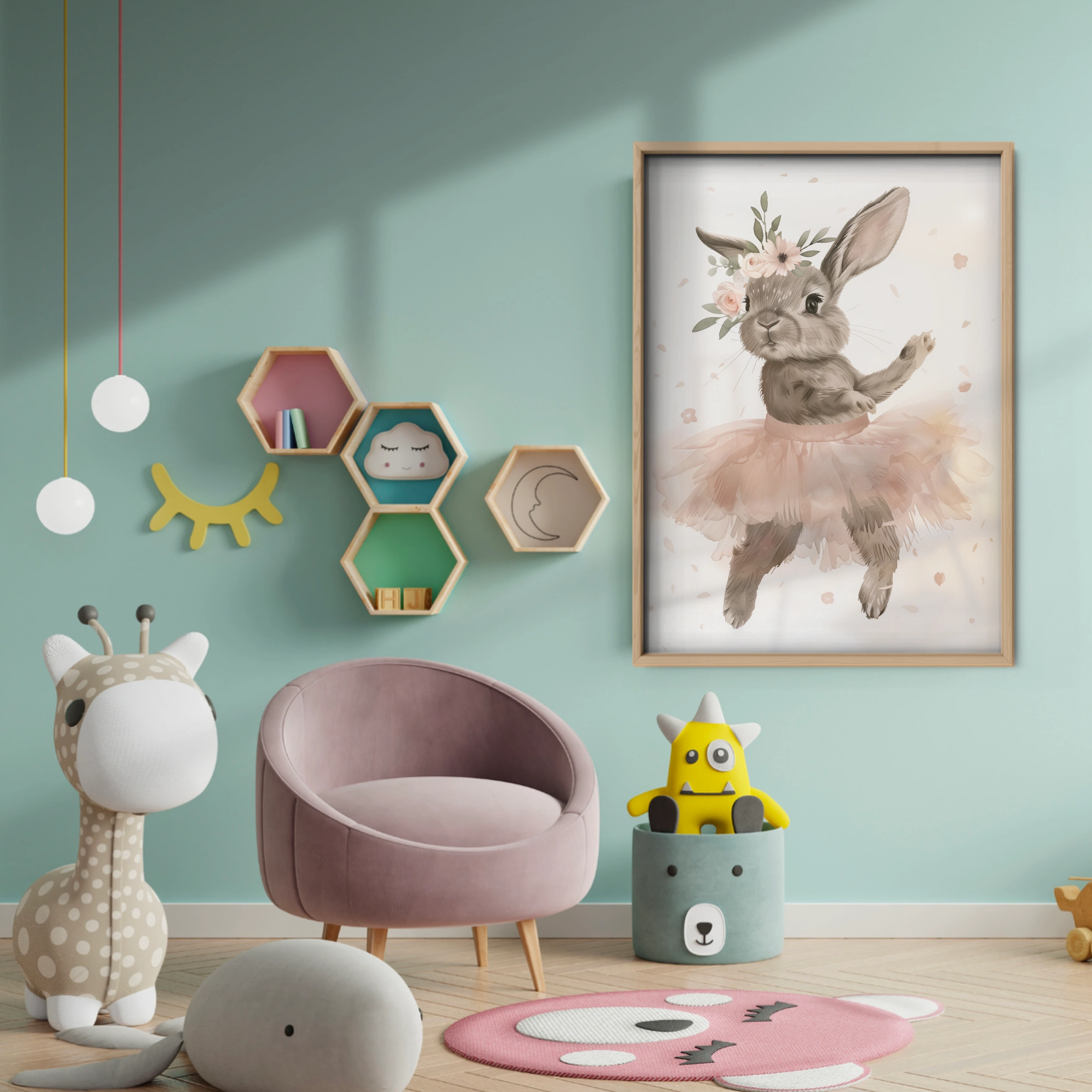 Bunny Ballerina with Flowers Nursery Print - baby room wall decor print