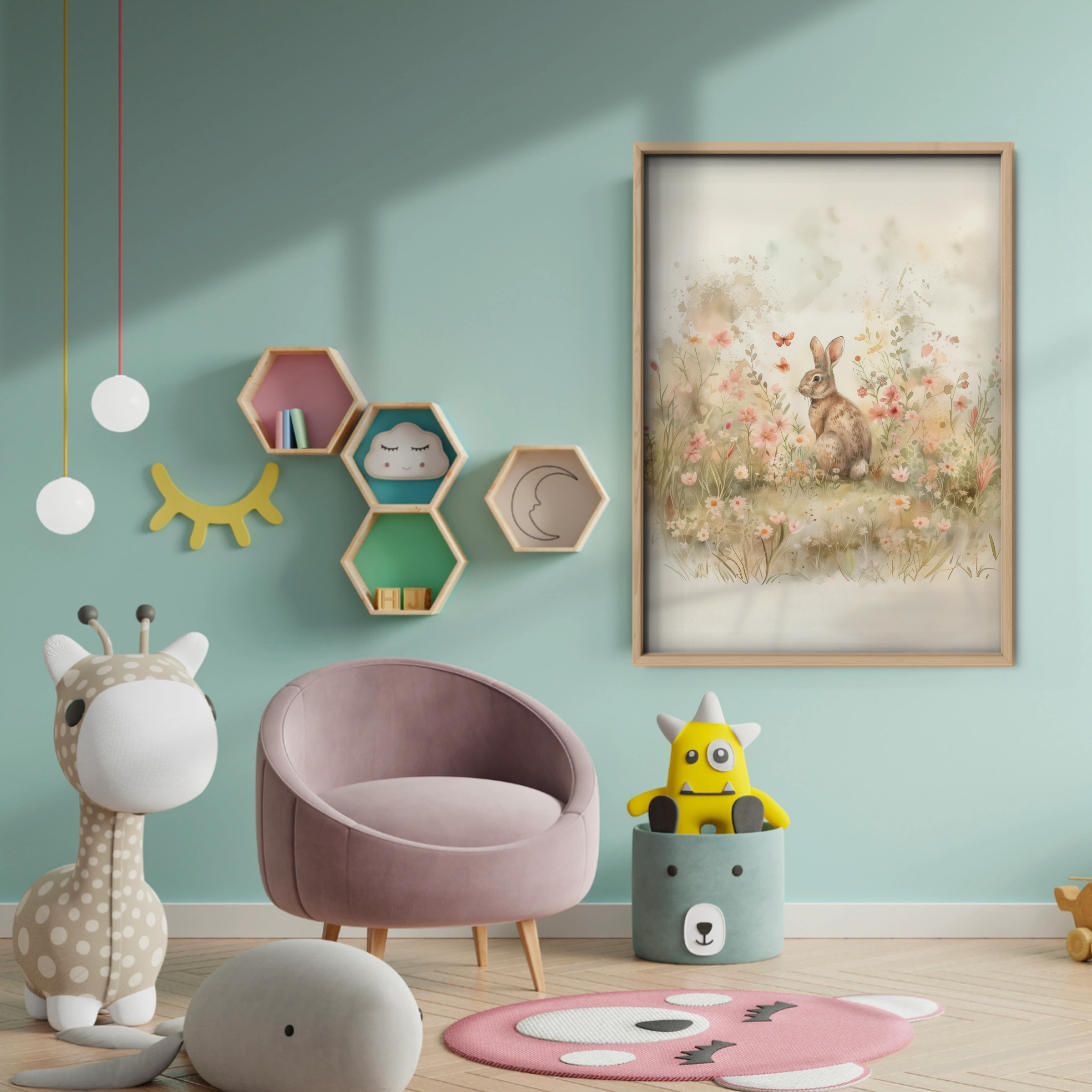 Bunny in a Meadow Nursery Print - baby room wall decor print