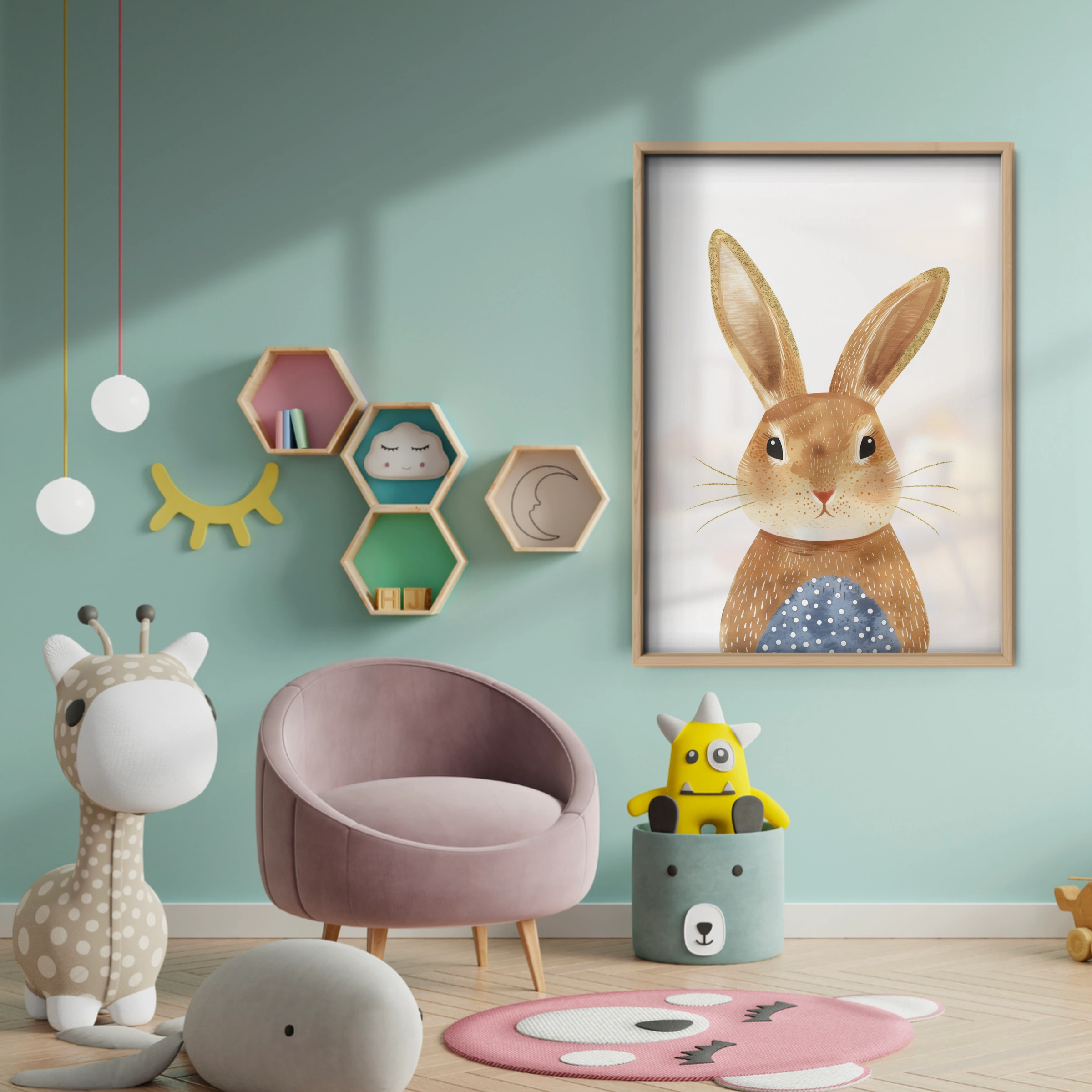 Bunny in Blue Nursery Print - baby room wall decor print