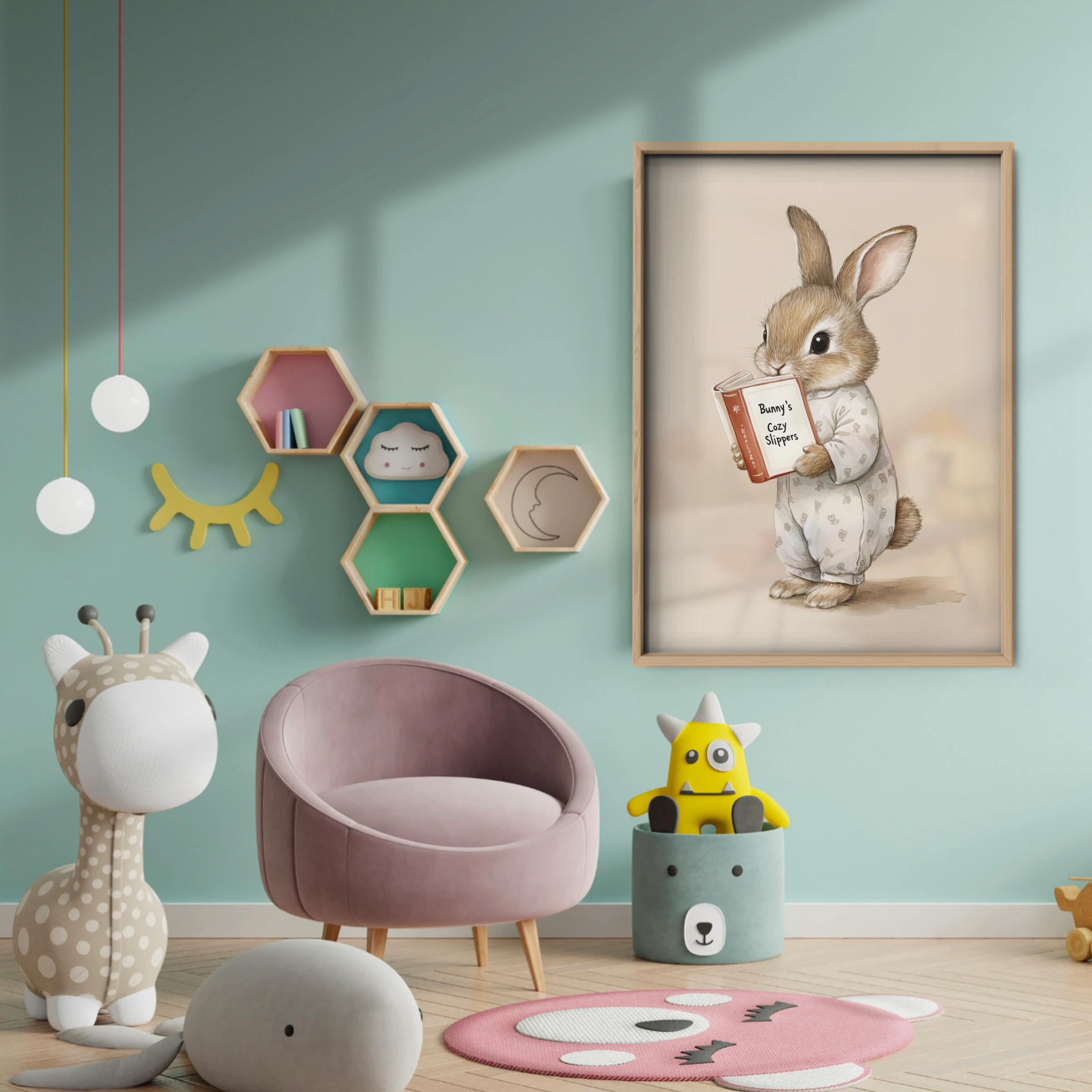 Bunny Reading Nursery Print - baby room wall decor print