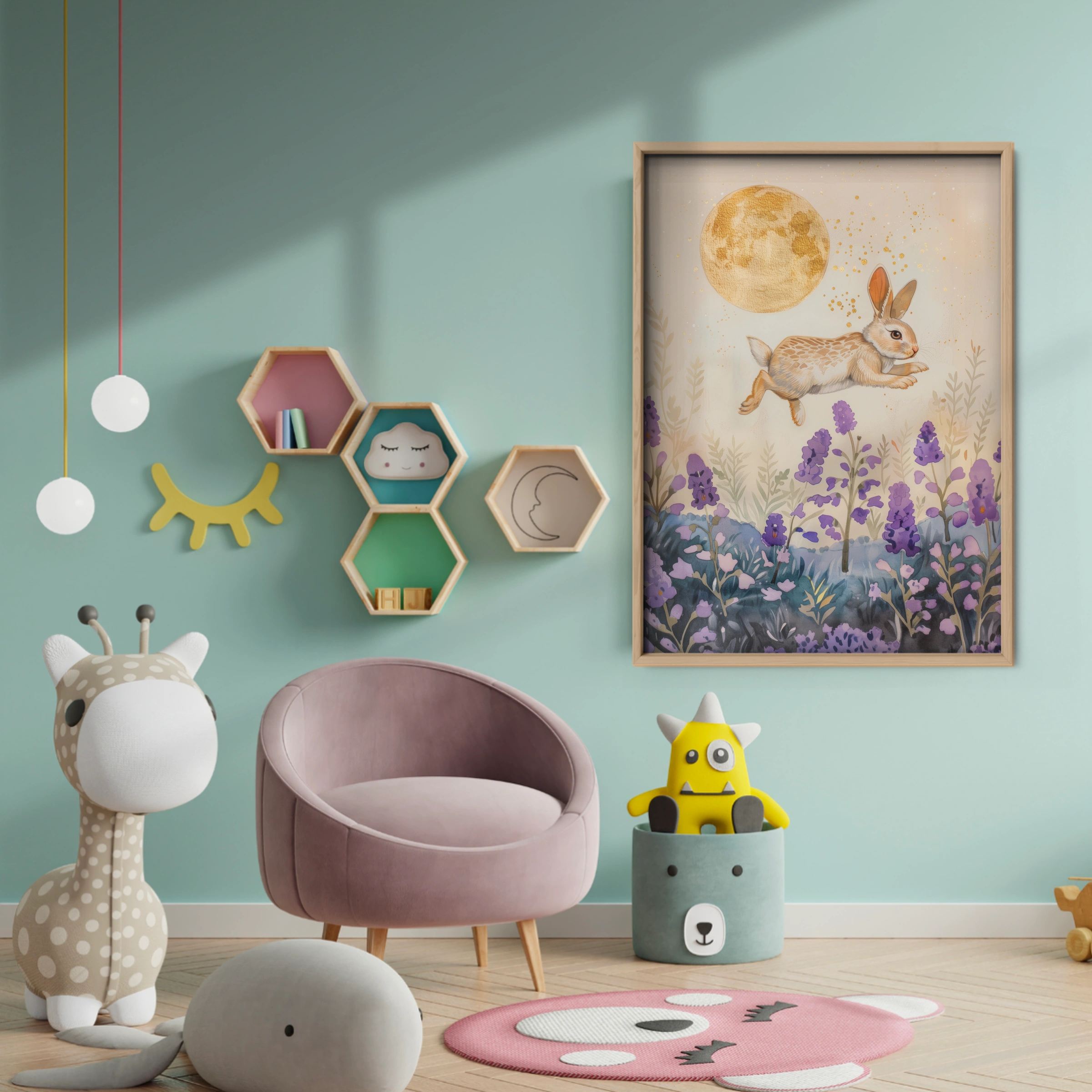 Bunny Under the Moon Nursery Print - baby room wall decor print