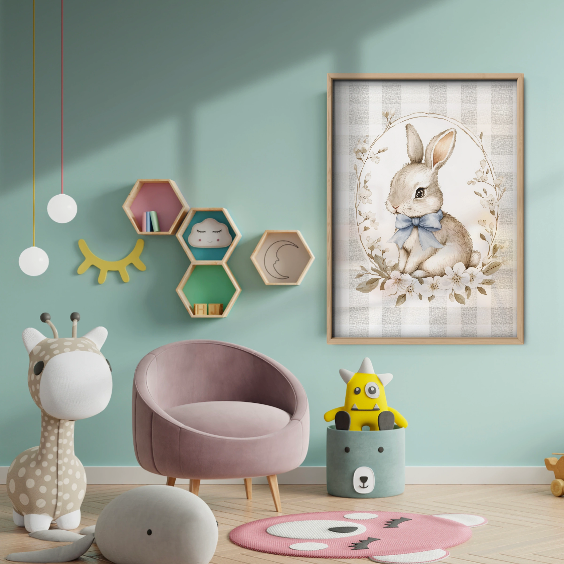 Bunny with a Bow Nursery Print - baby room wall decor print
