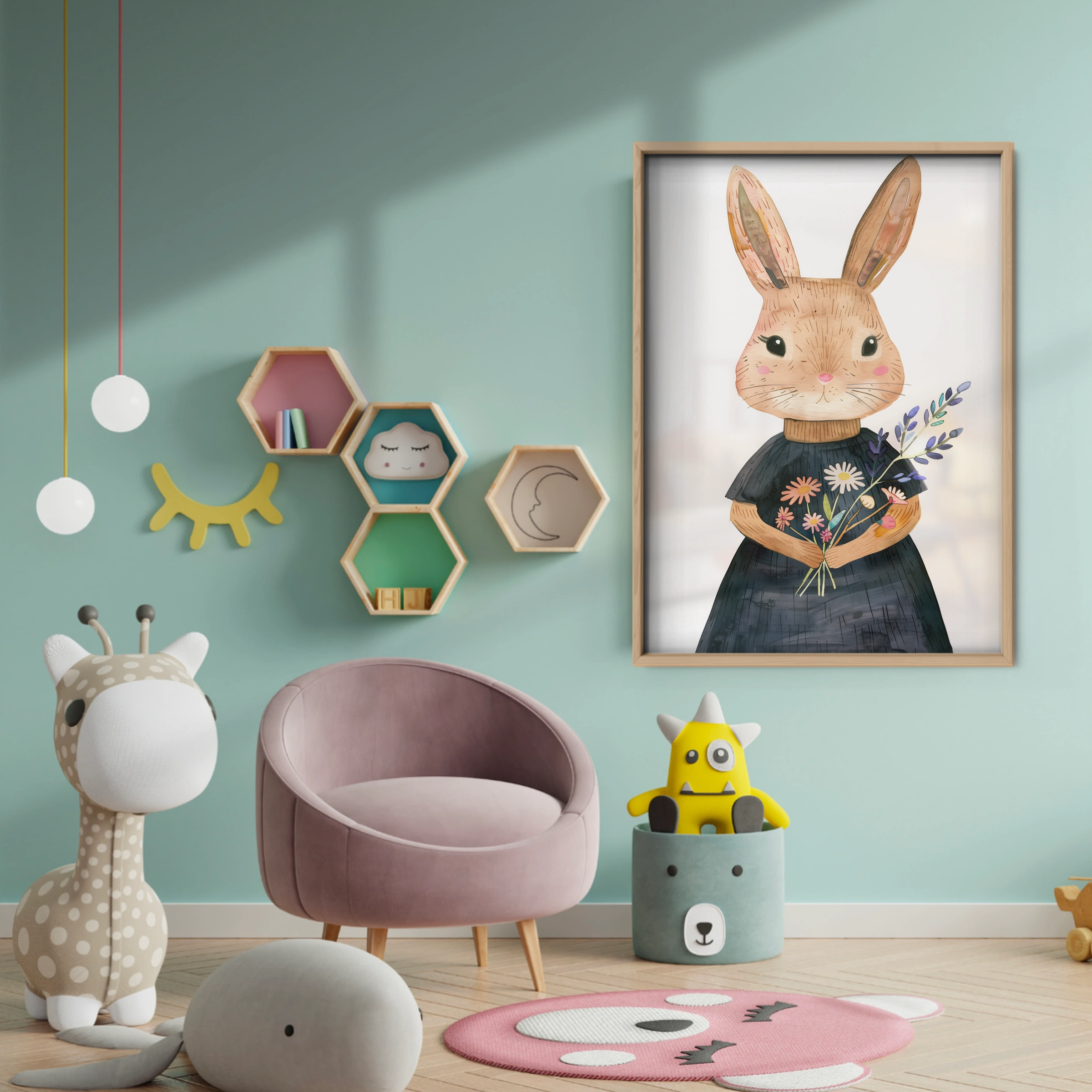 Bunny with Flowers Nursery Print - baby room wall decor print