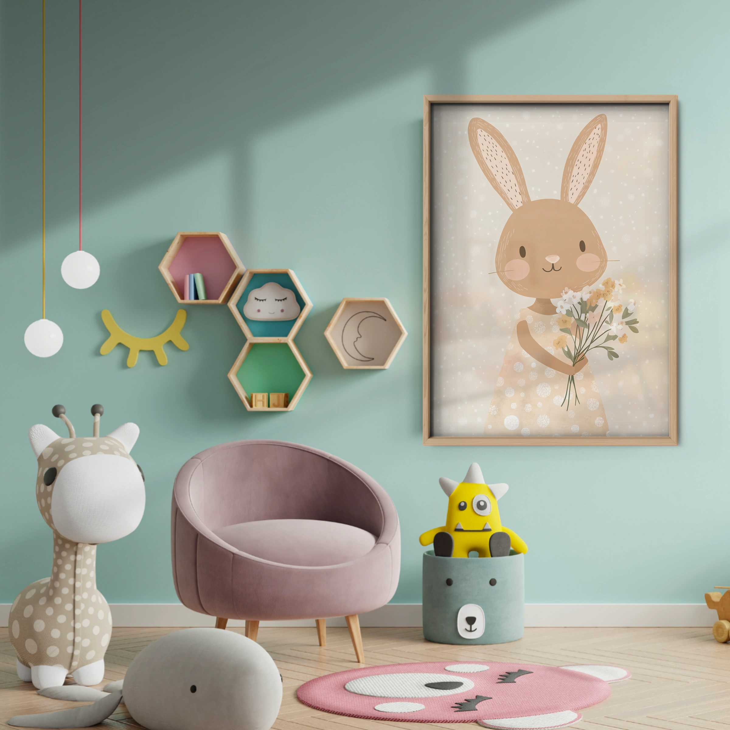 Bunny with Flowers Two Nursery Print - baby room wall decor print
