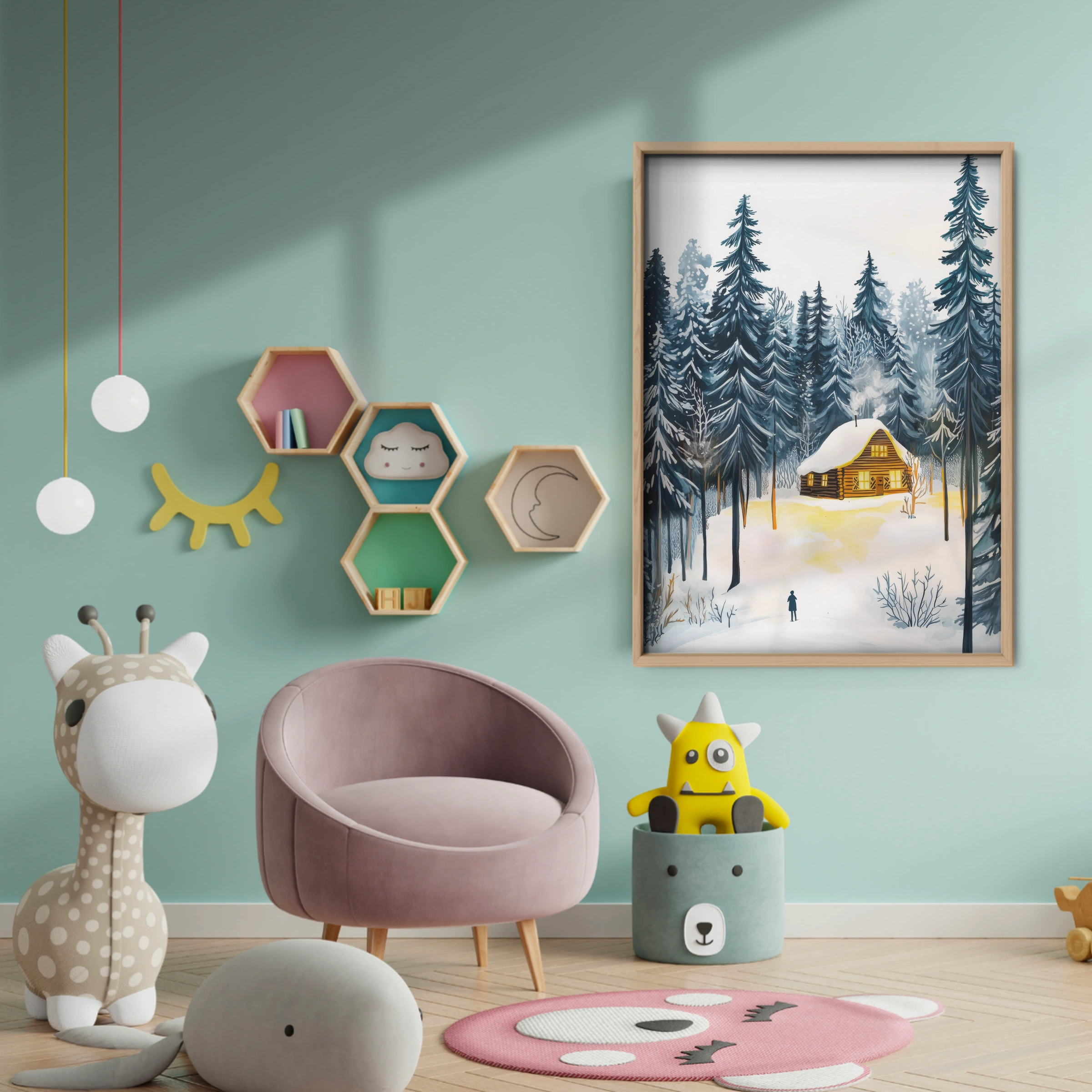 Cabin in the Forest Christmas Print - baby room wall decor print