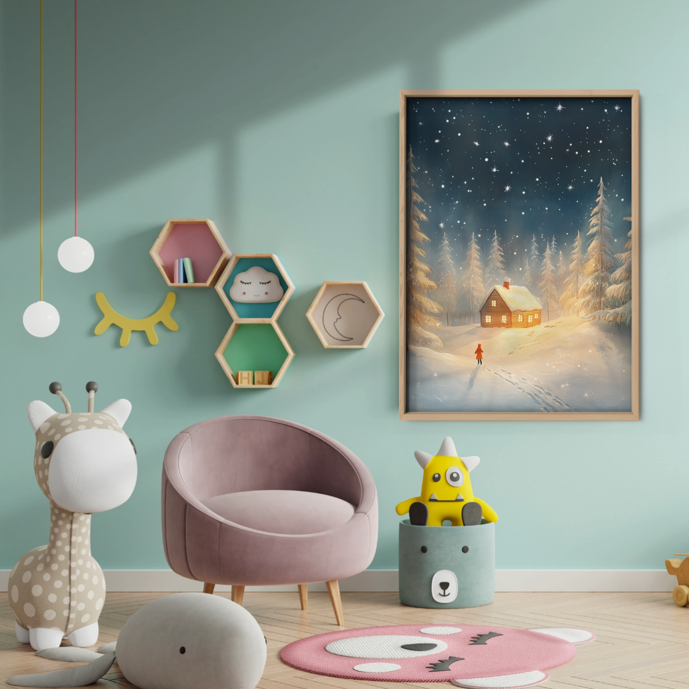 Cabin in the Snow Christmas Print - baby room wall decor print