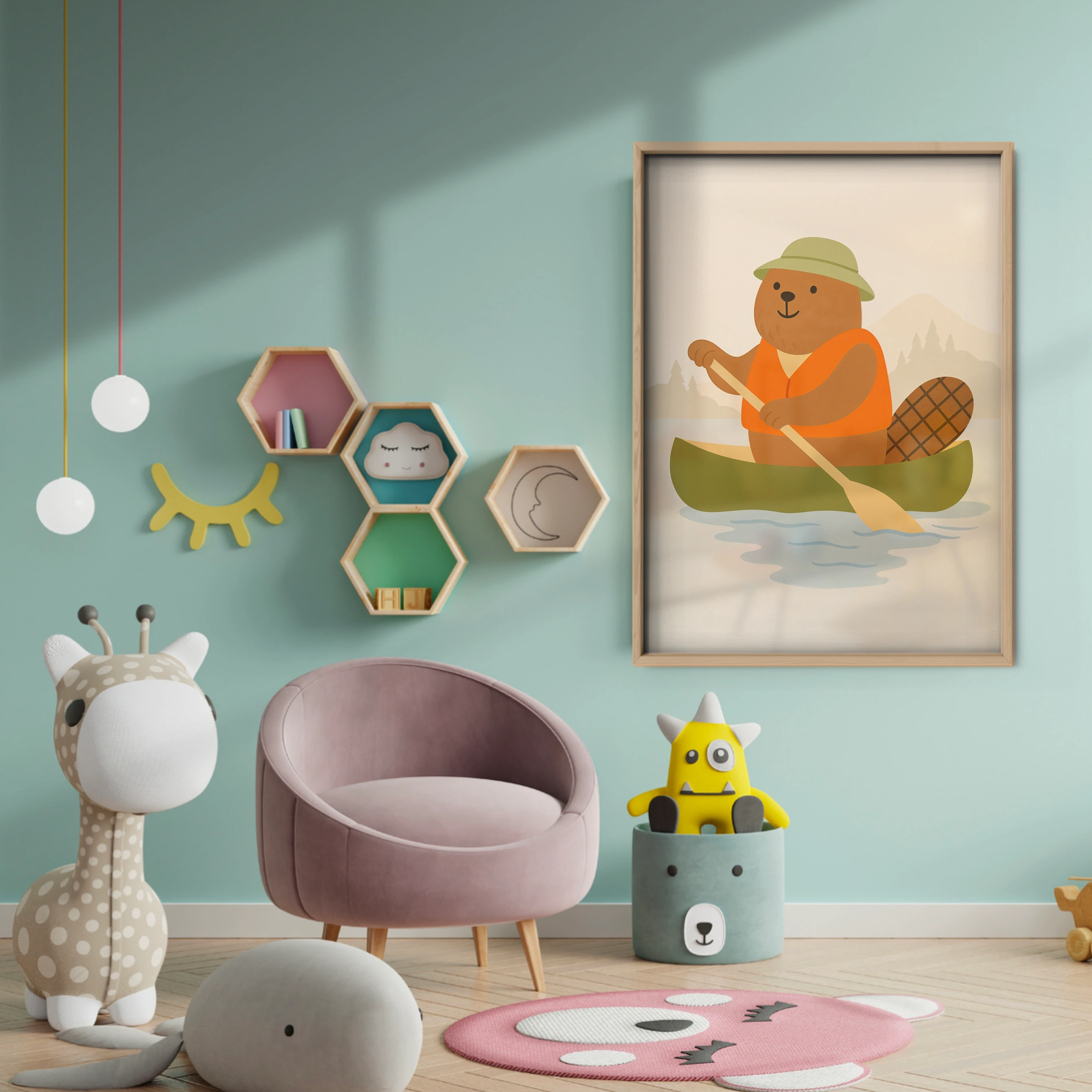 Canoeing Bear Nursery Print - baby room wall decor print
