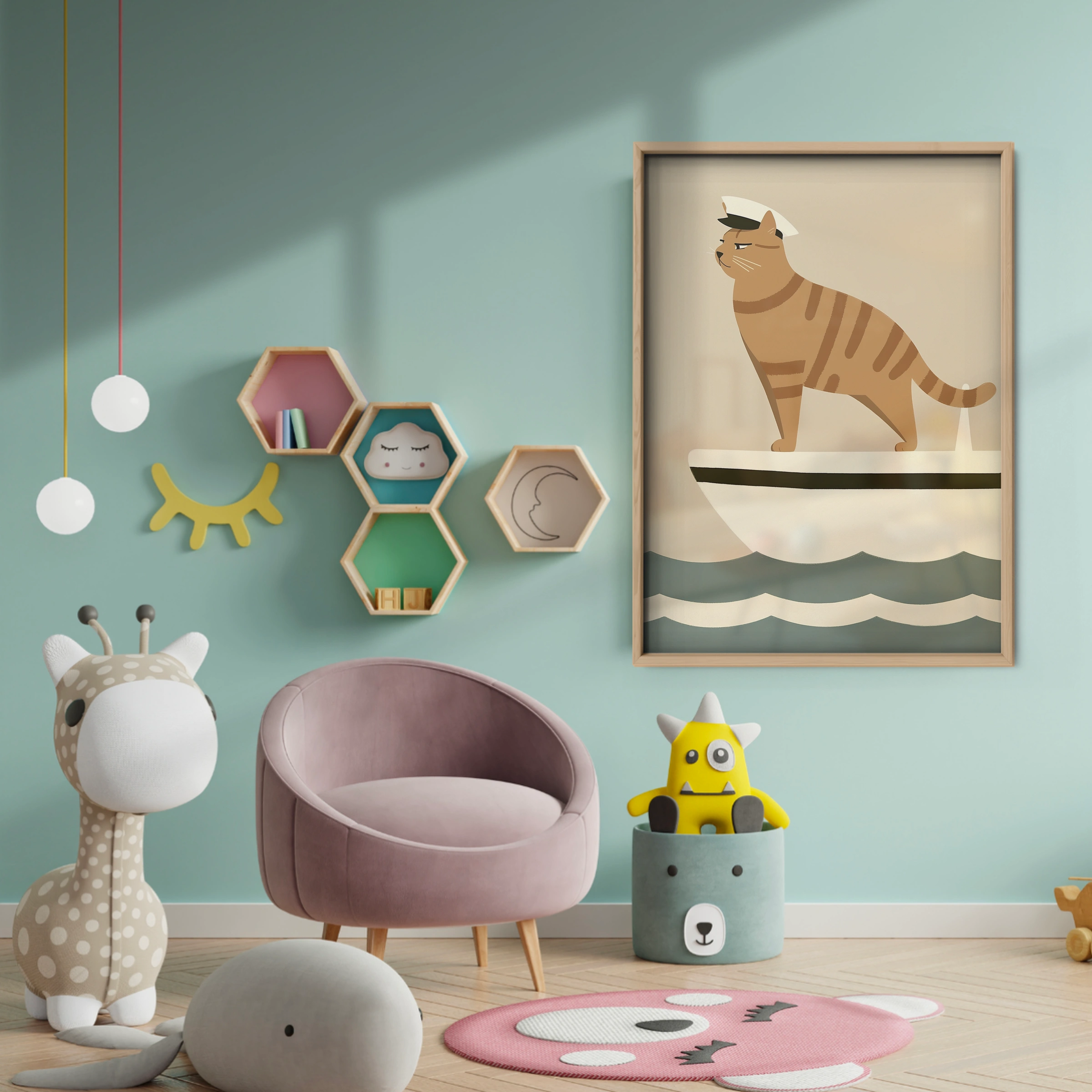 Captain Cat on a Boat Nursery Print - baby room wall decor print