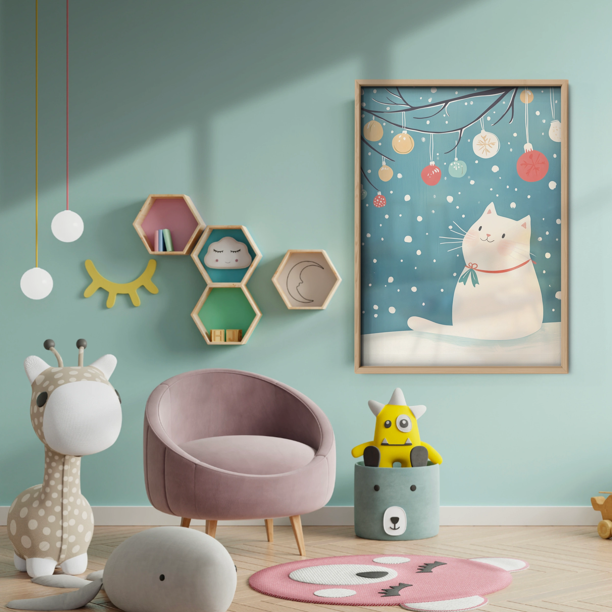 Cat and Ornaments Christmas Print - baby room wall decor print