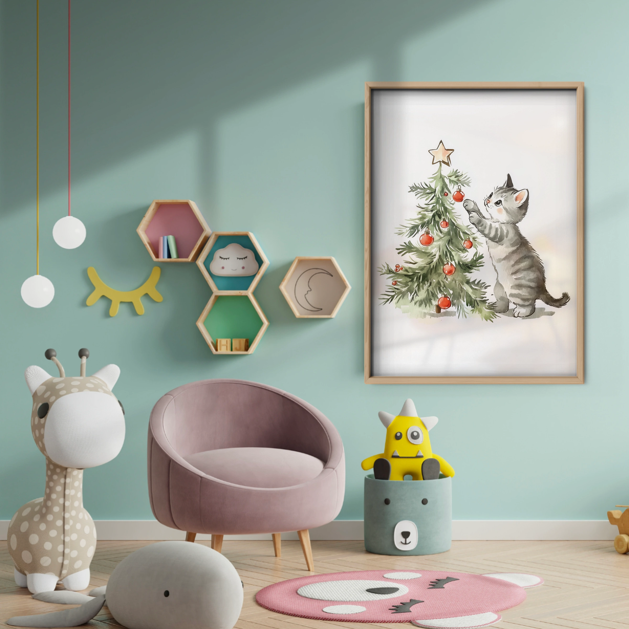 Cat and the Christmas Tree Print - baby room wall decor print