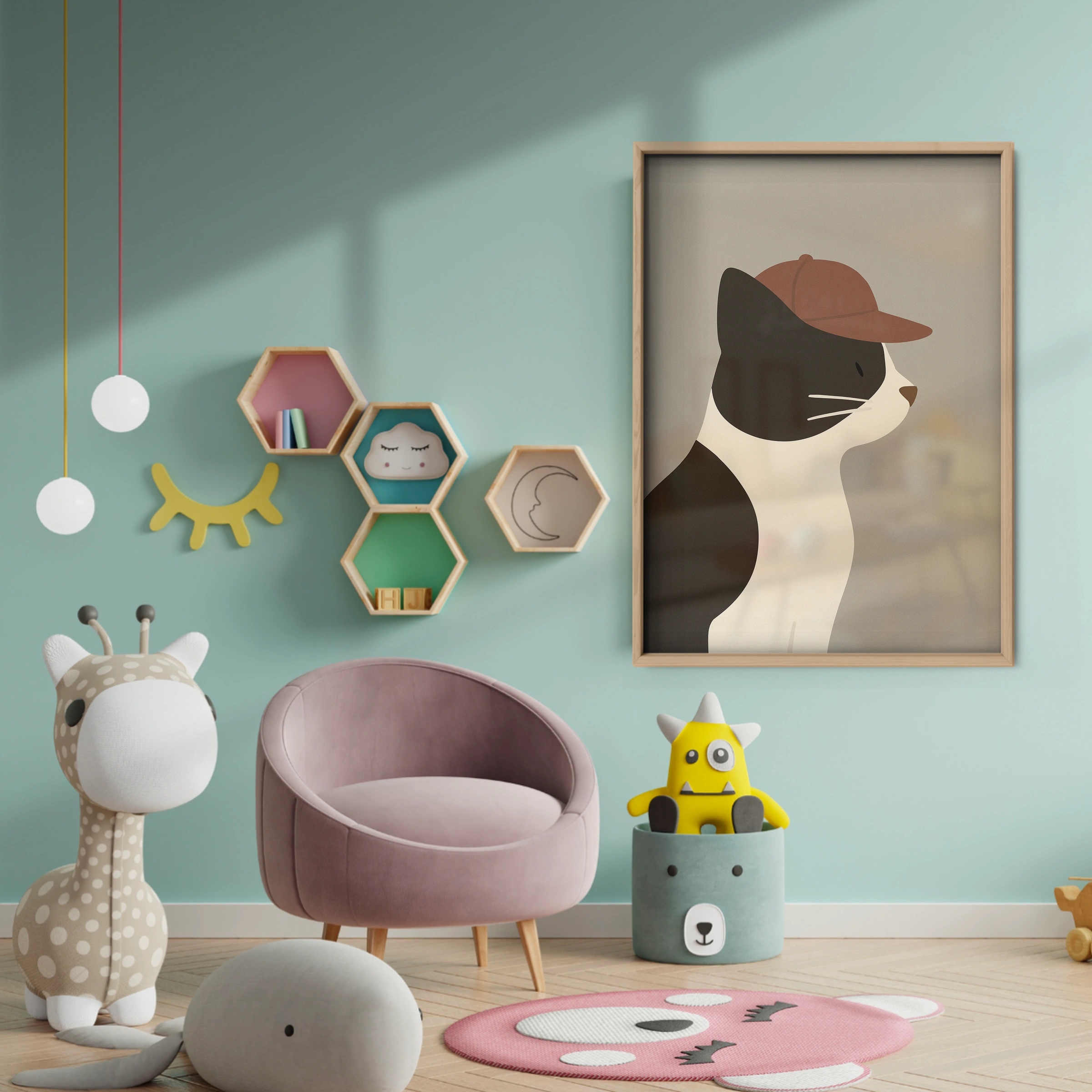 Cat in a Cap Nursery Print - baby room wall decor print