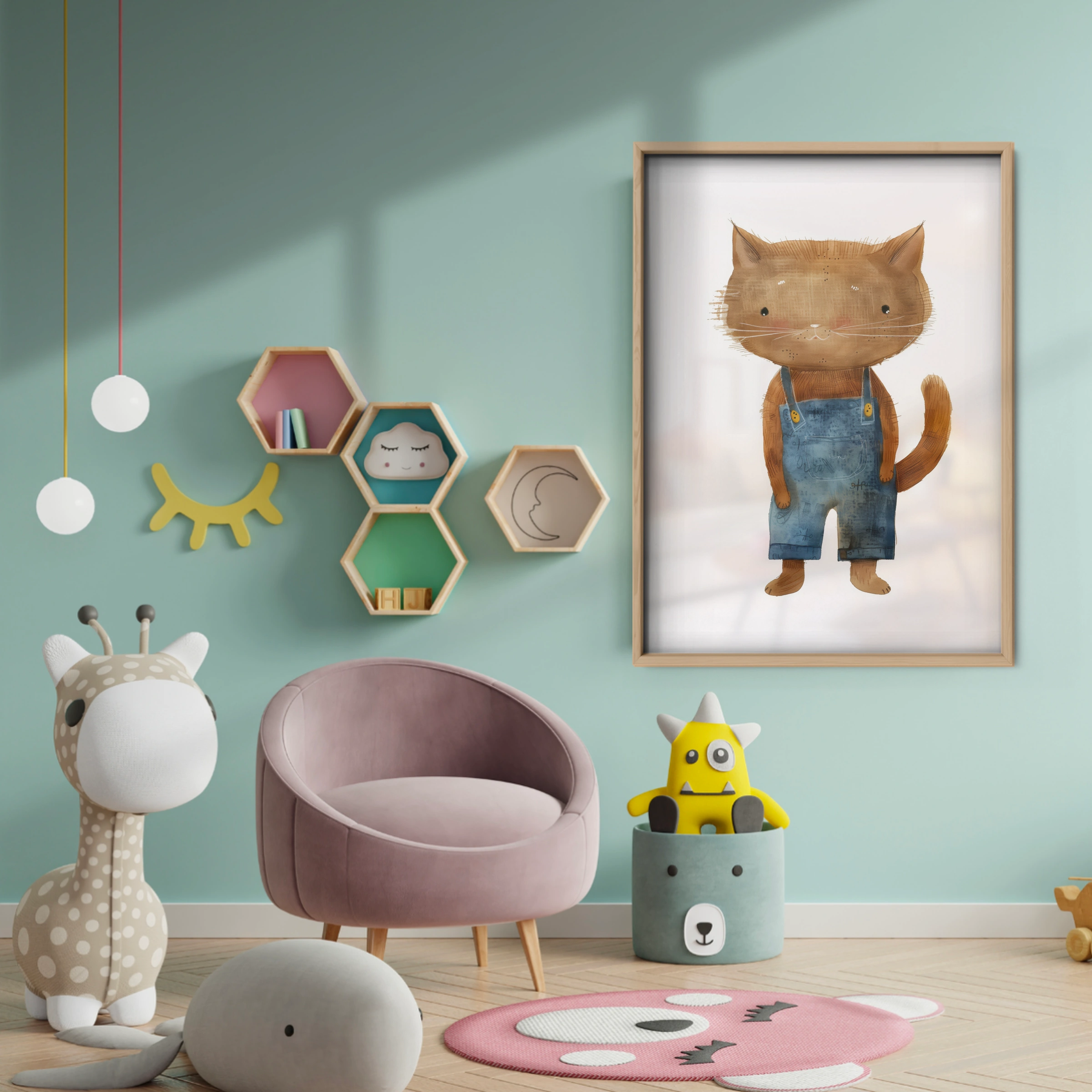 Cat in Overalls Nursery Print - baby room wall decor print