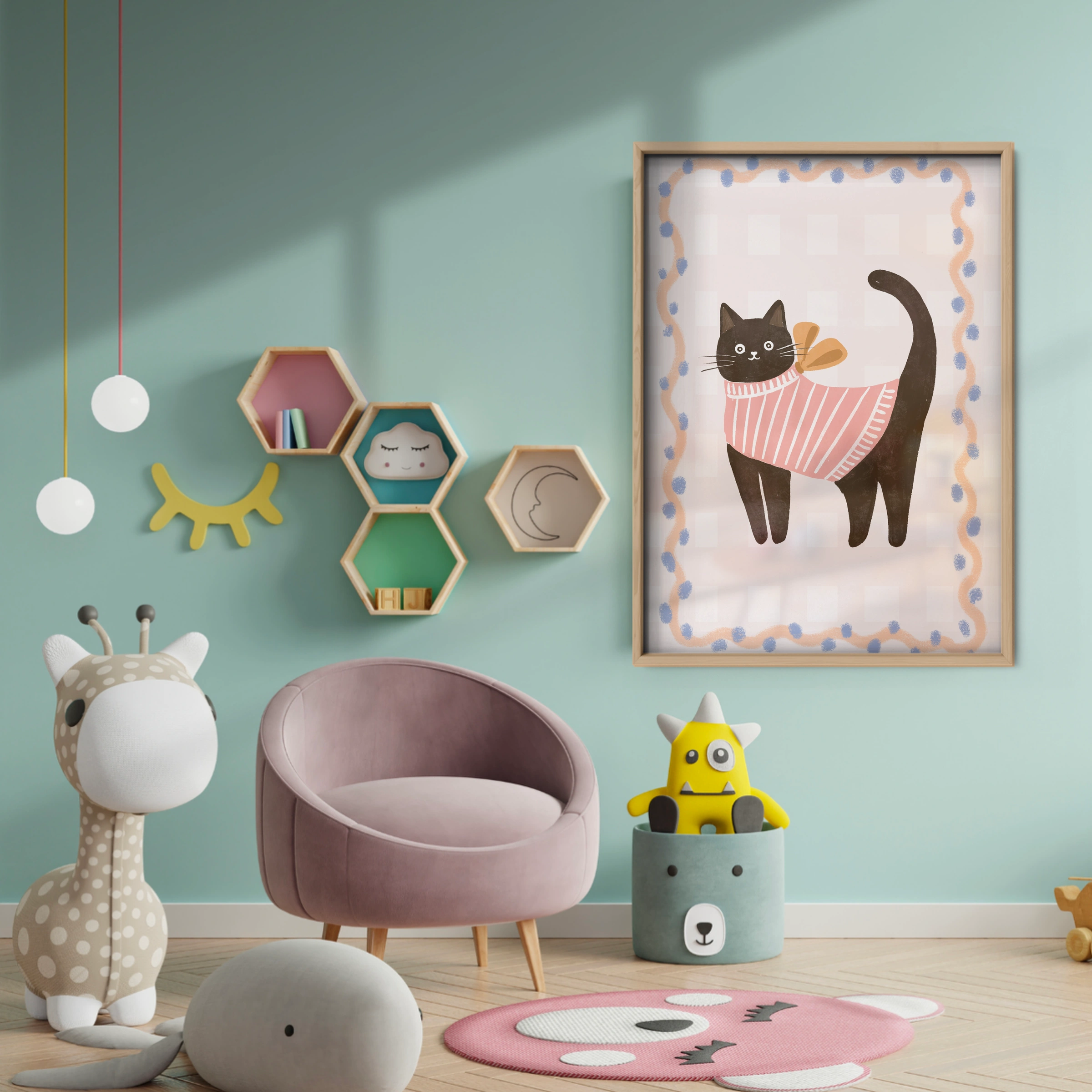 Cat on a Cushion Nursery Print - baby room wall decor print
