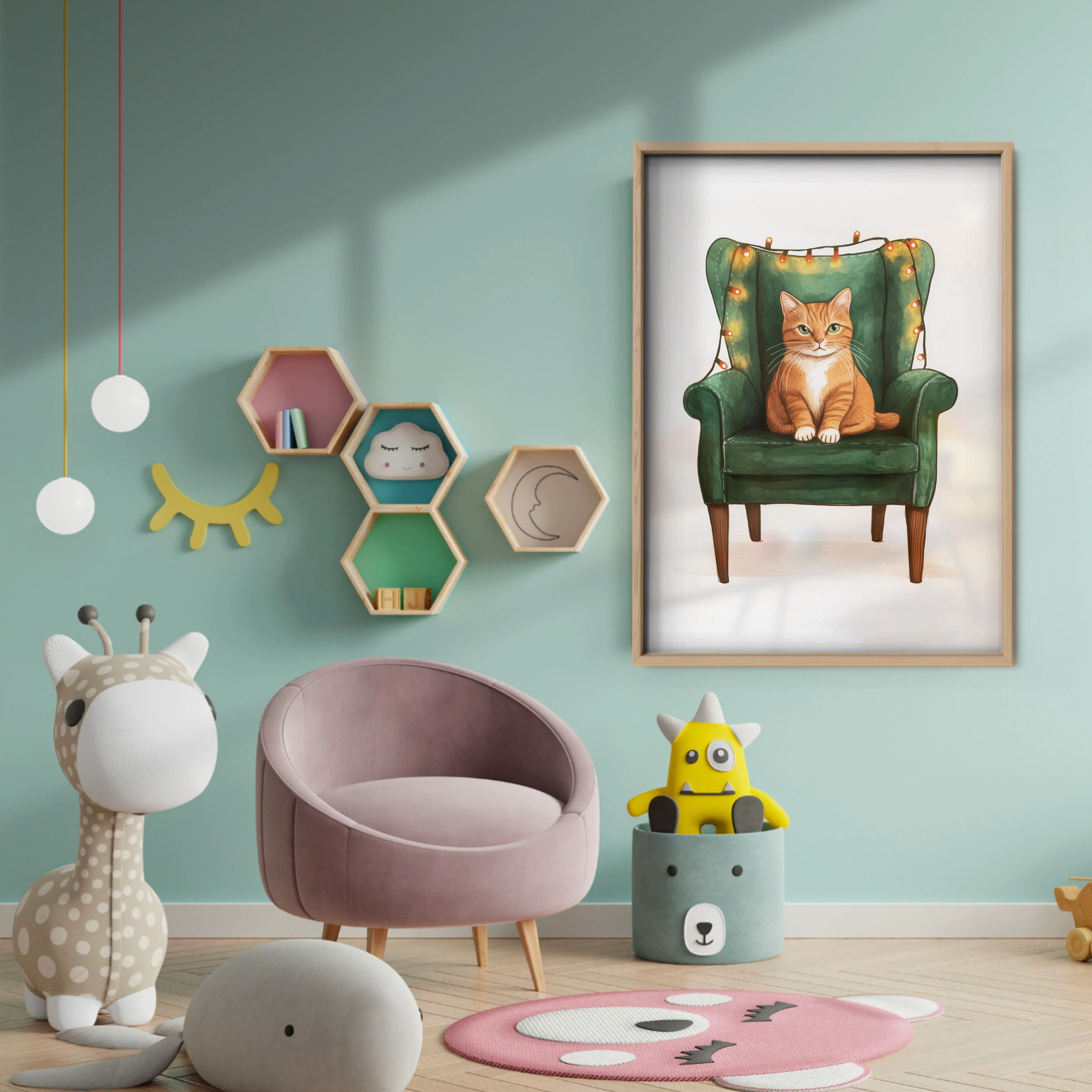 Cat on a Green Chair Christmas Print - baby room wall decor print