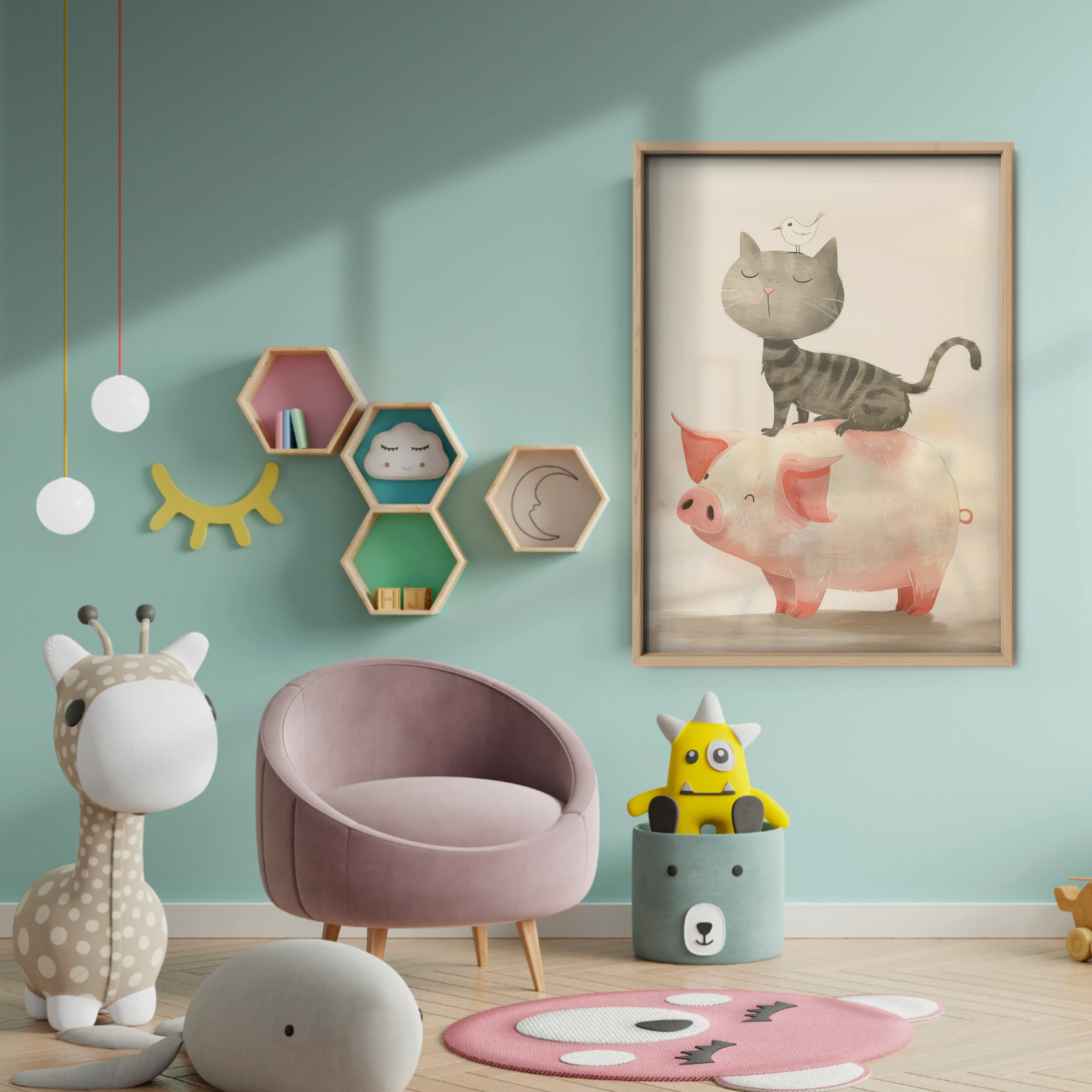 Cat on a Pig Nursery Print - baby room wall decor print