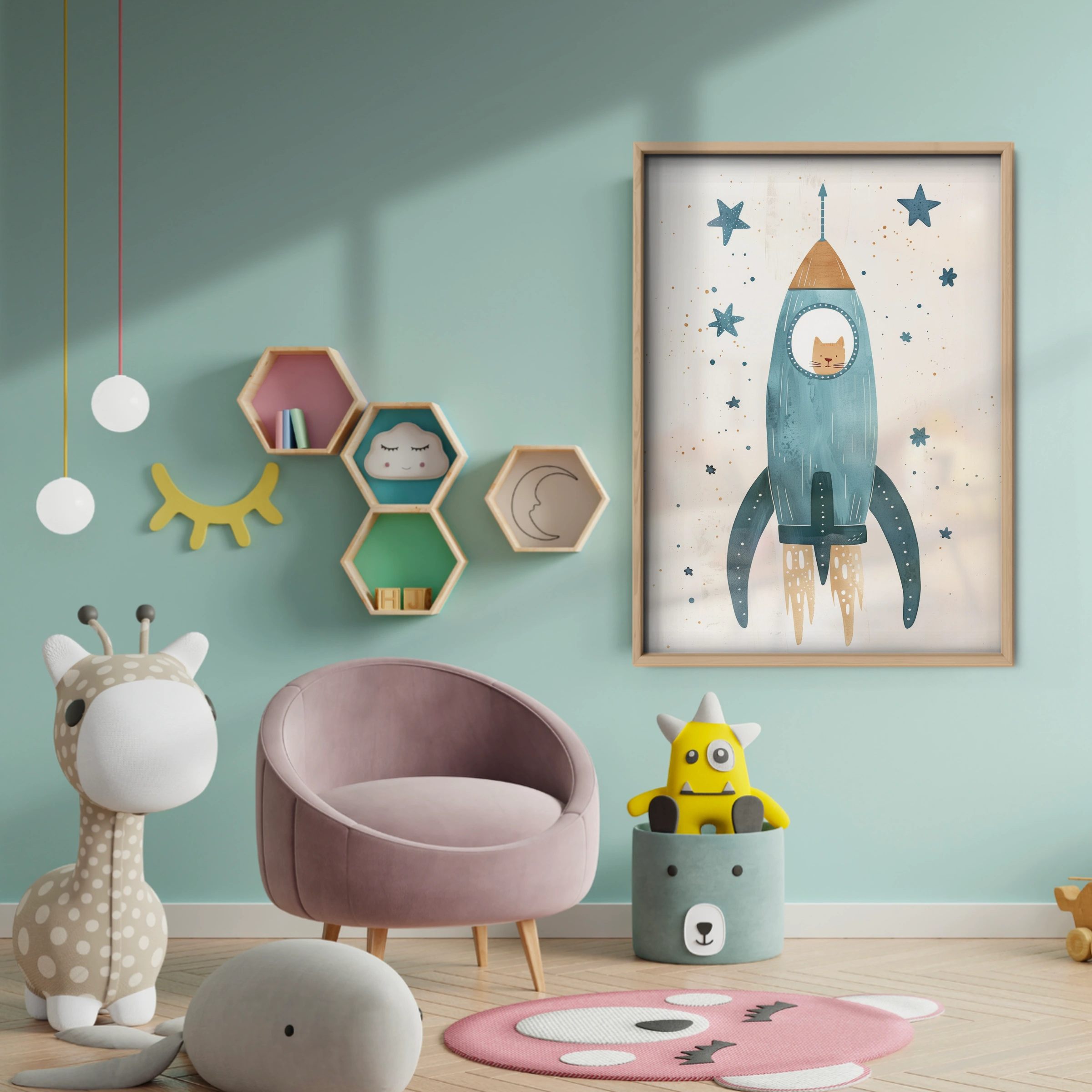 Cat Rocket Nursery Print - baby room wall decor print