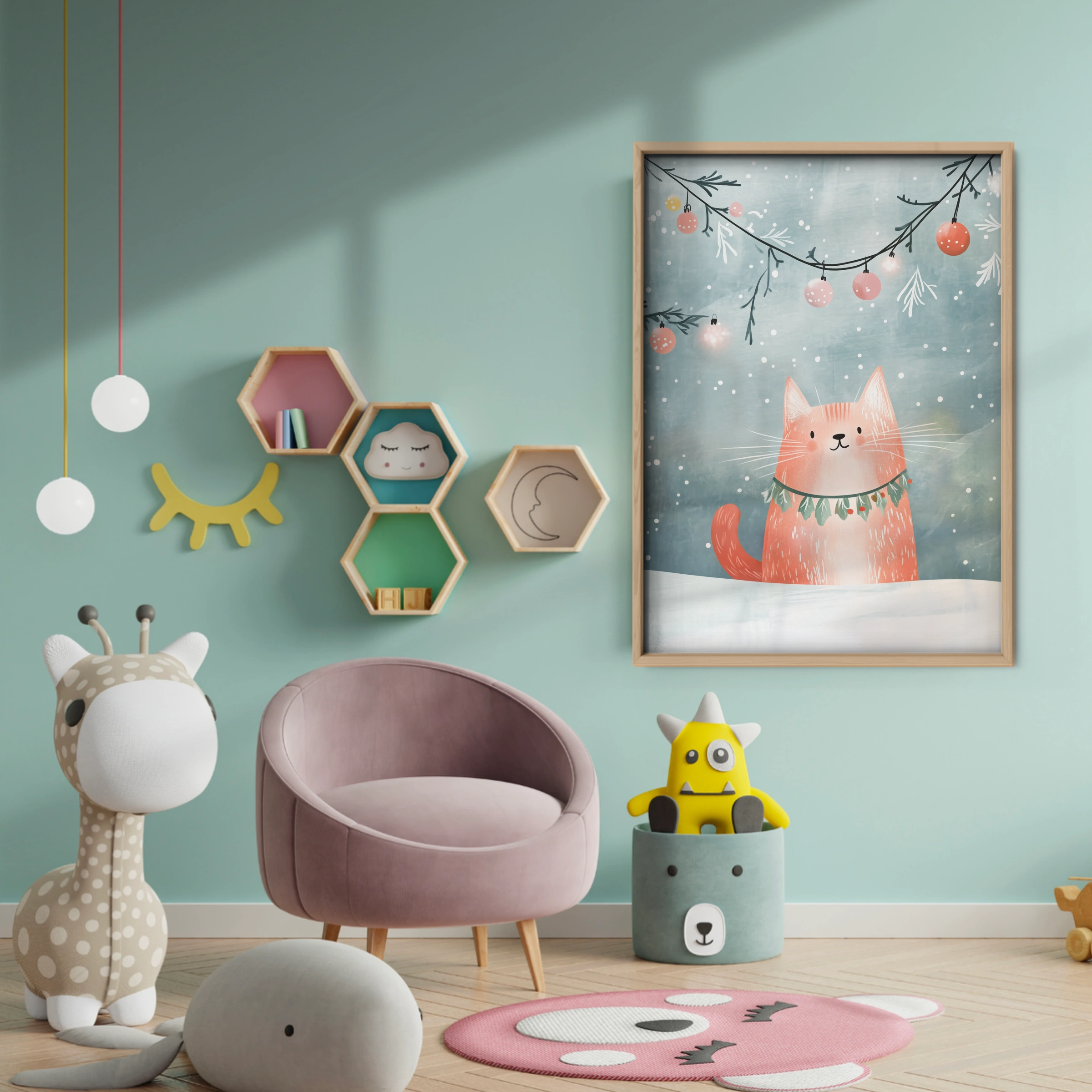 Cat with a Garland Christmas Print - baby room wall decor print