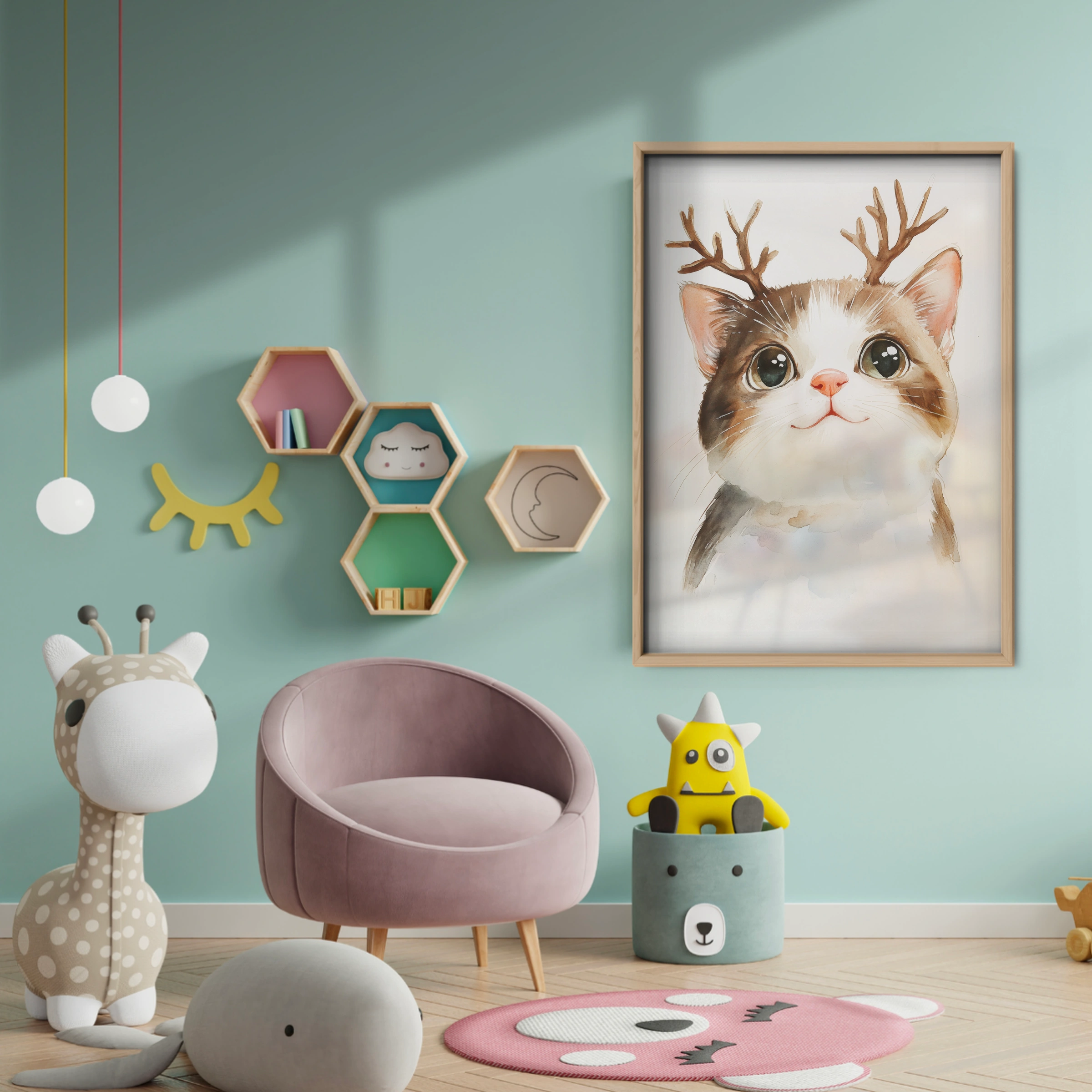 Cat with Antlers Christmas Print - baby room wall decor print