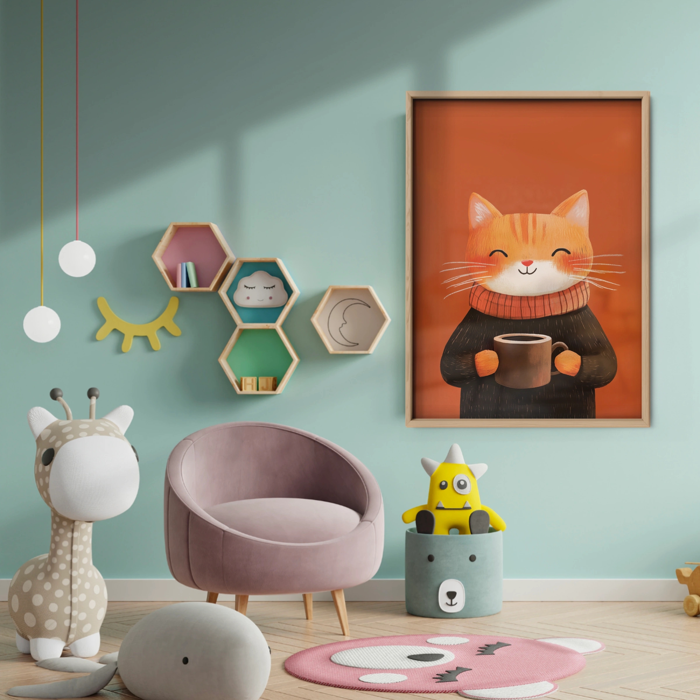 Cat with Cocoa Christmas Print - baby room wall decor print