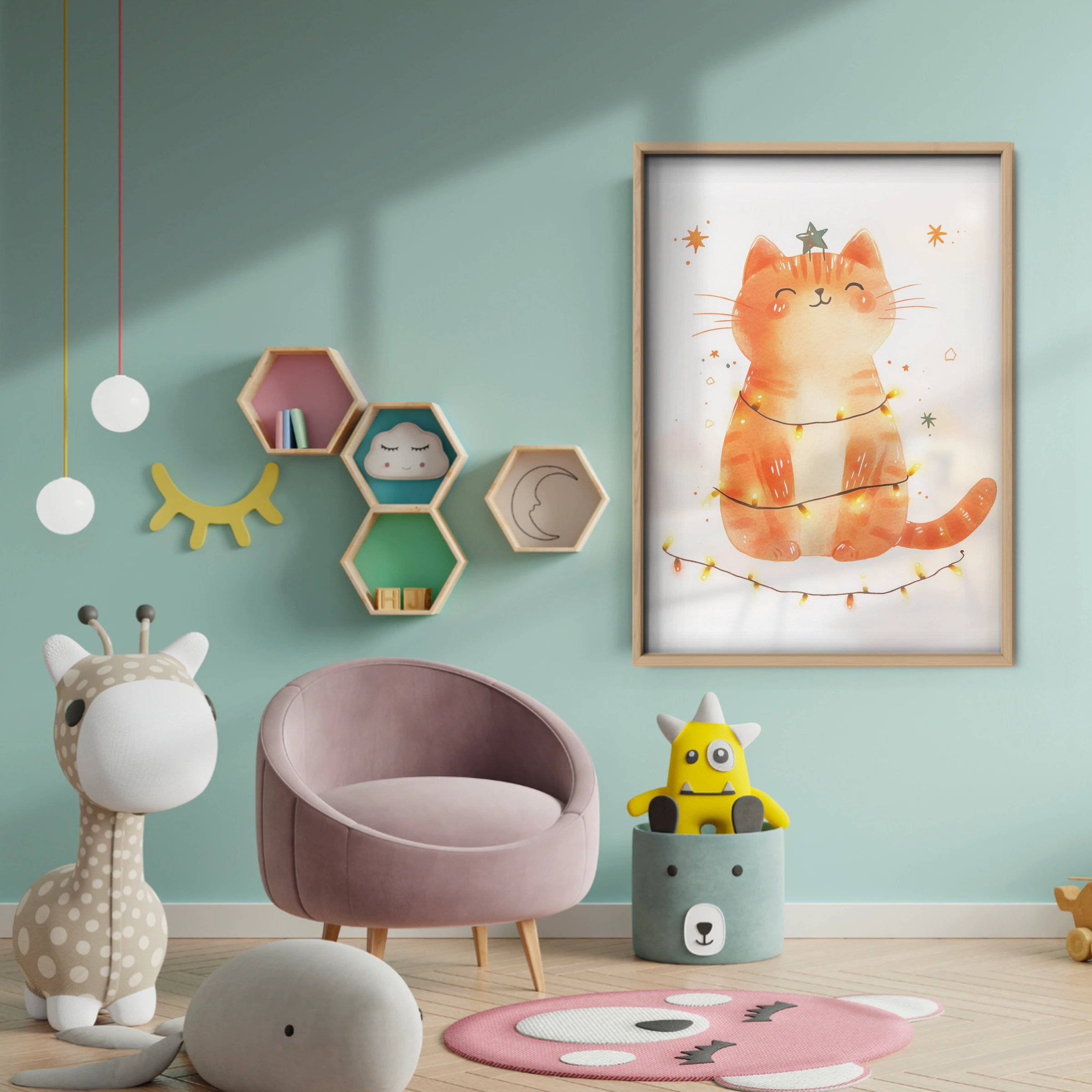 Cat with Fairy Lights Christmas Print - baby room wall decor print