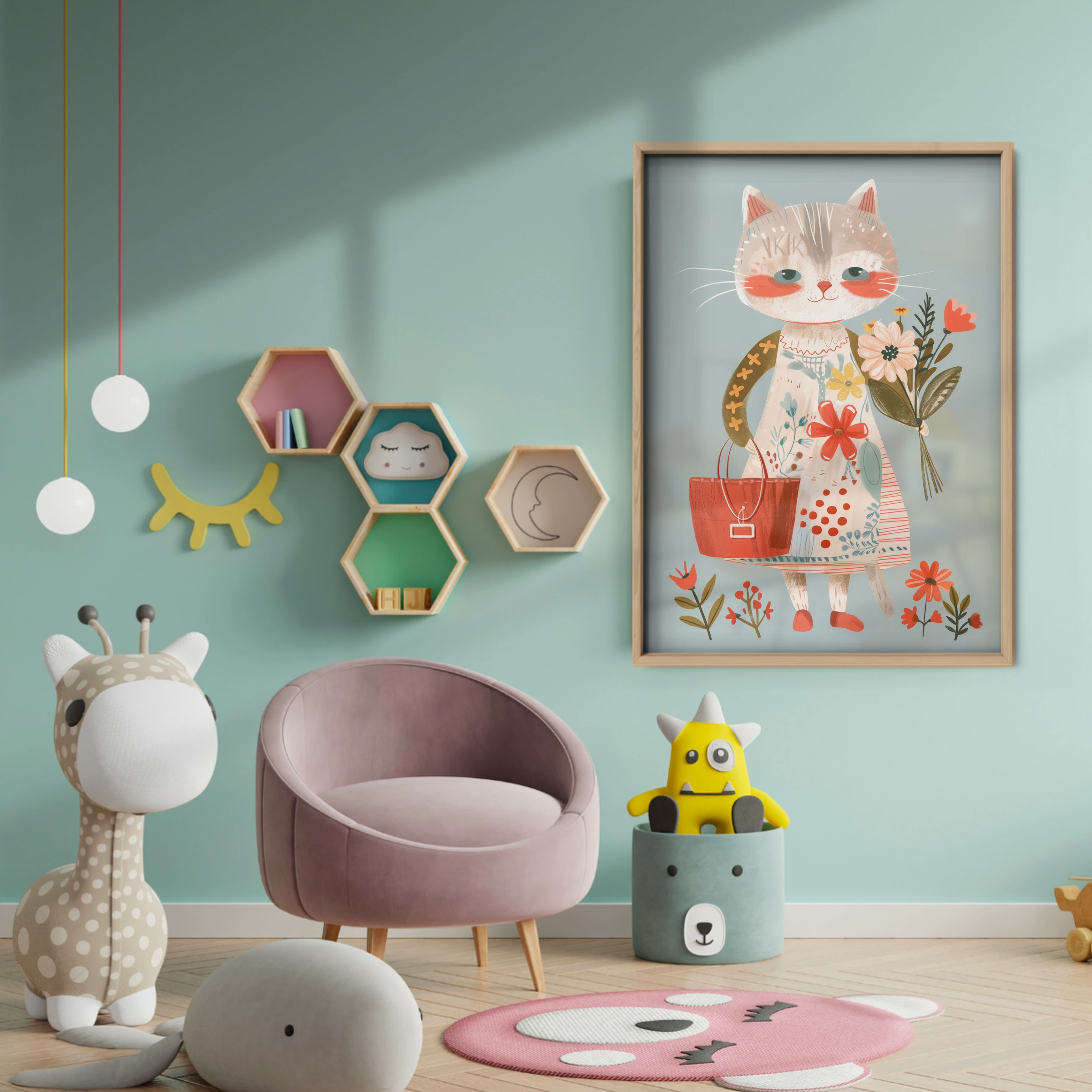 Cat with Flowers Nursery Print - baby room wall decor print