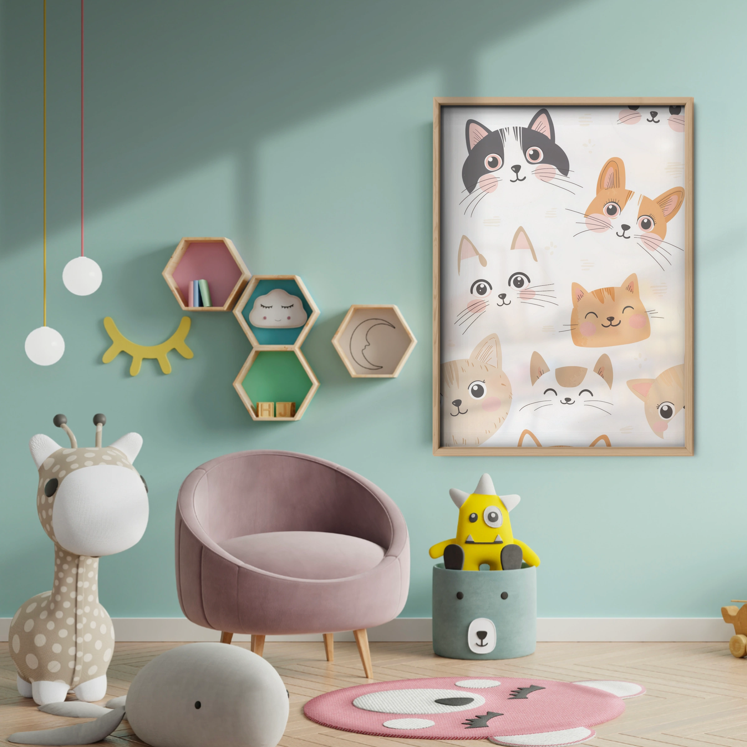 Cats and Corgi Nursery Print - baby room wall decor print