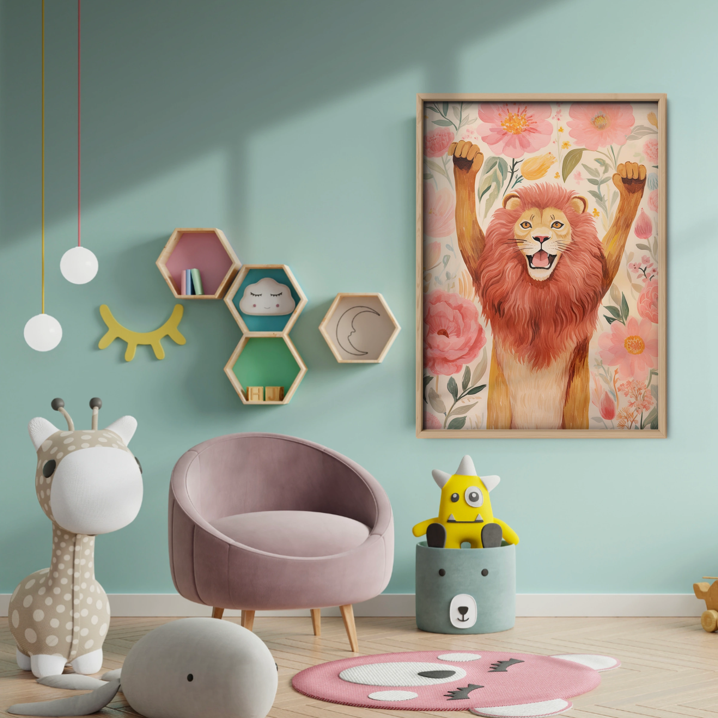 Cheering Lion Nursery Print - baby room wall decor print