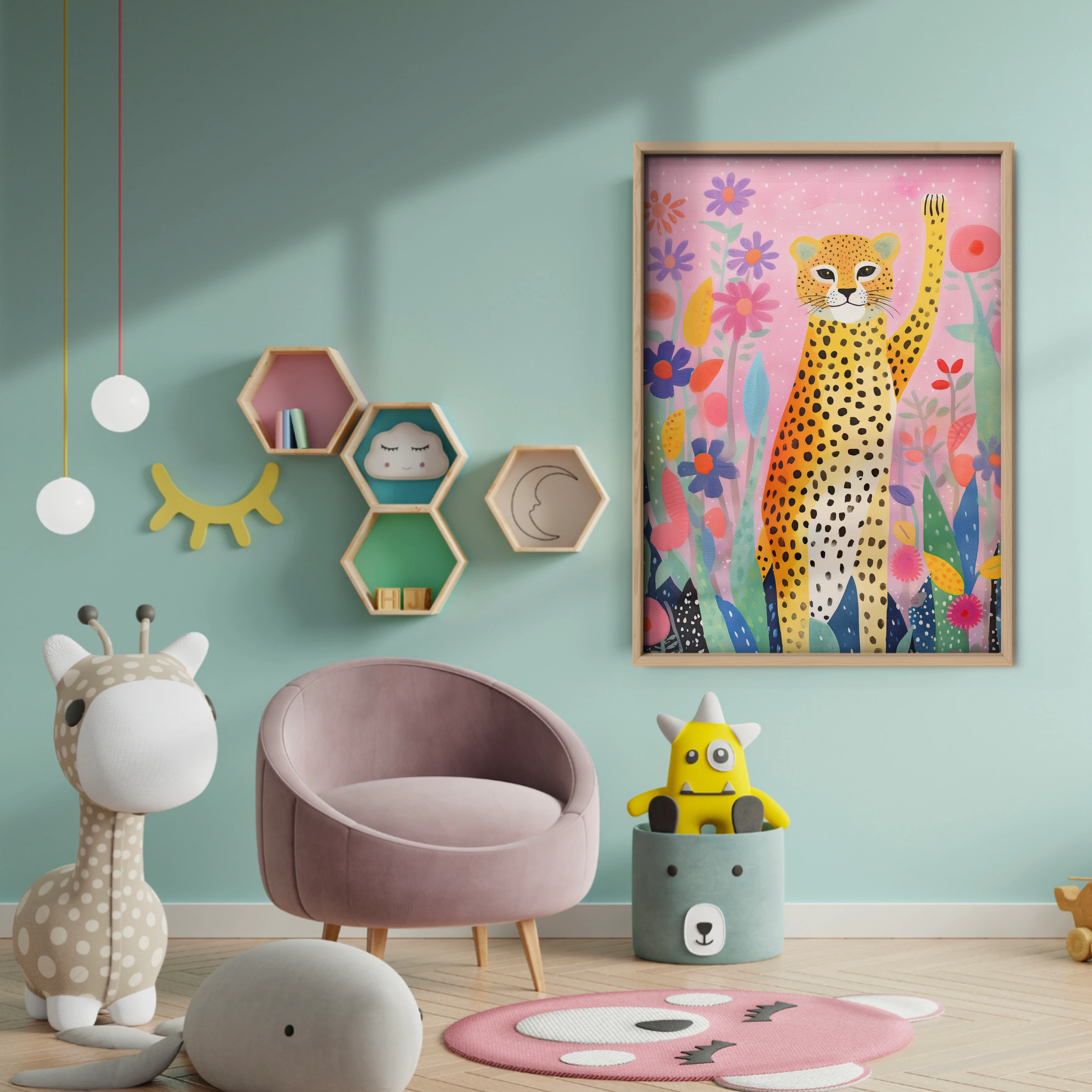 Cheetah in Flowers Nursery Print - baby room wall decor print