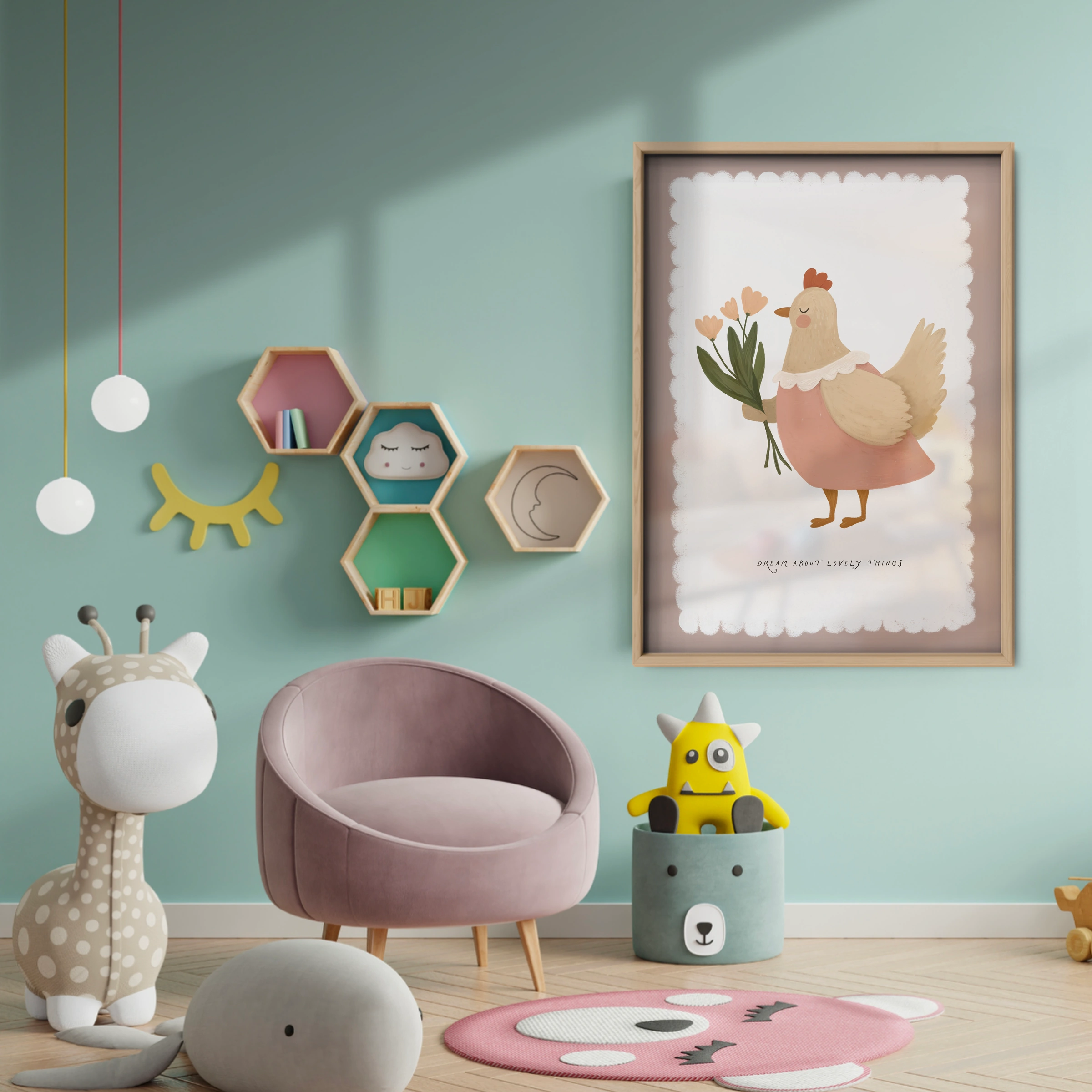 Chicken with a Flower Nursery Print - baby room wall decor print