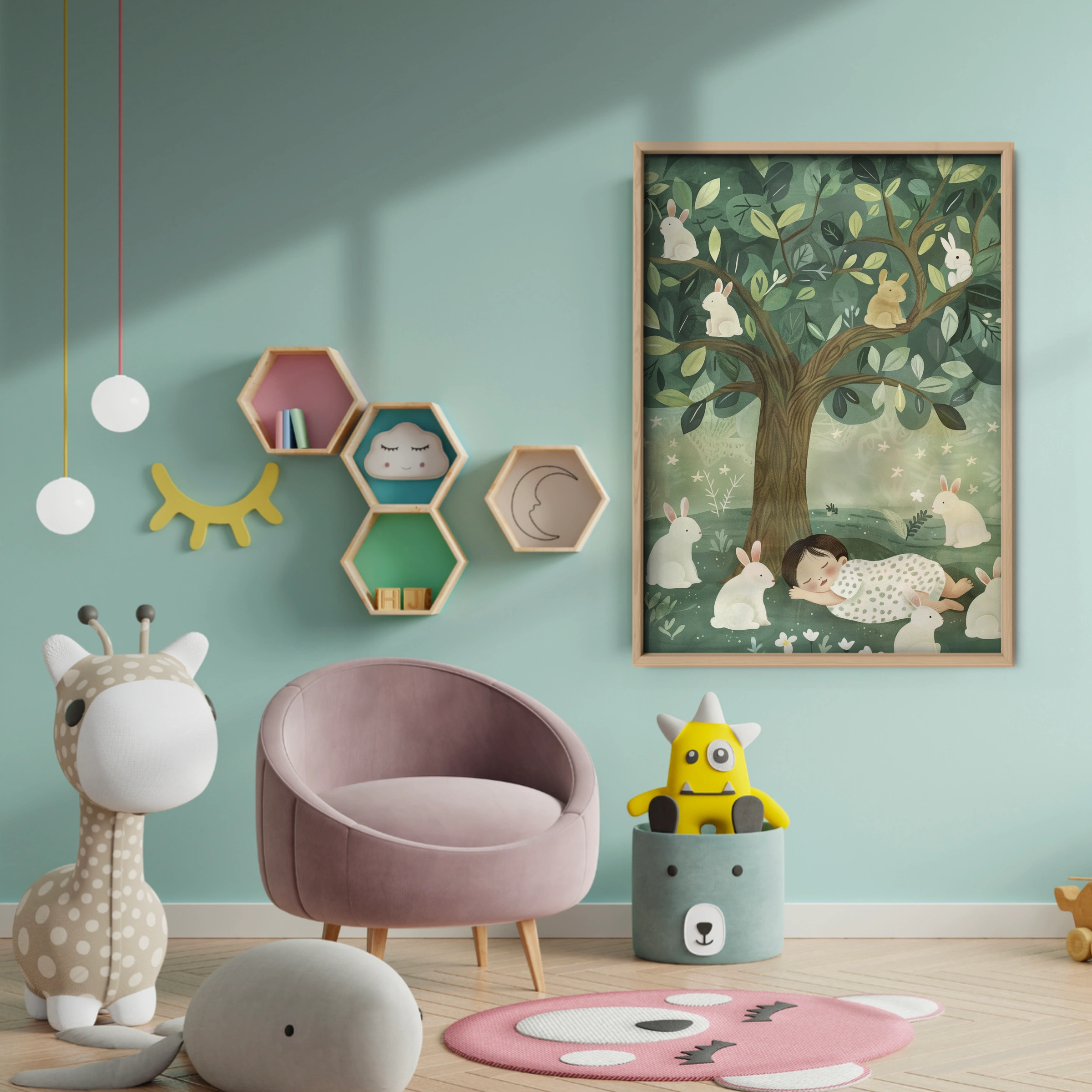 Child Sleeping with Bunnies Nursery Print - baby room wall decor print