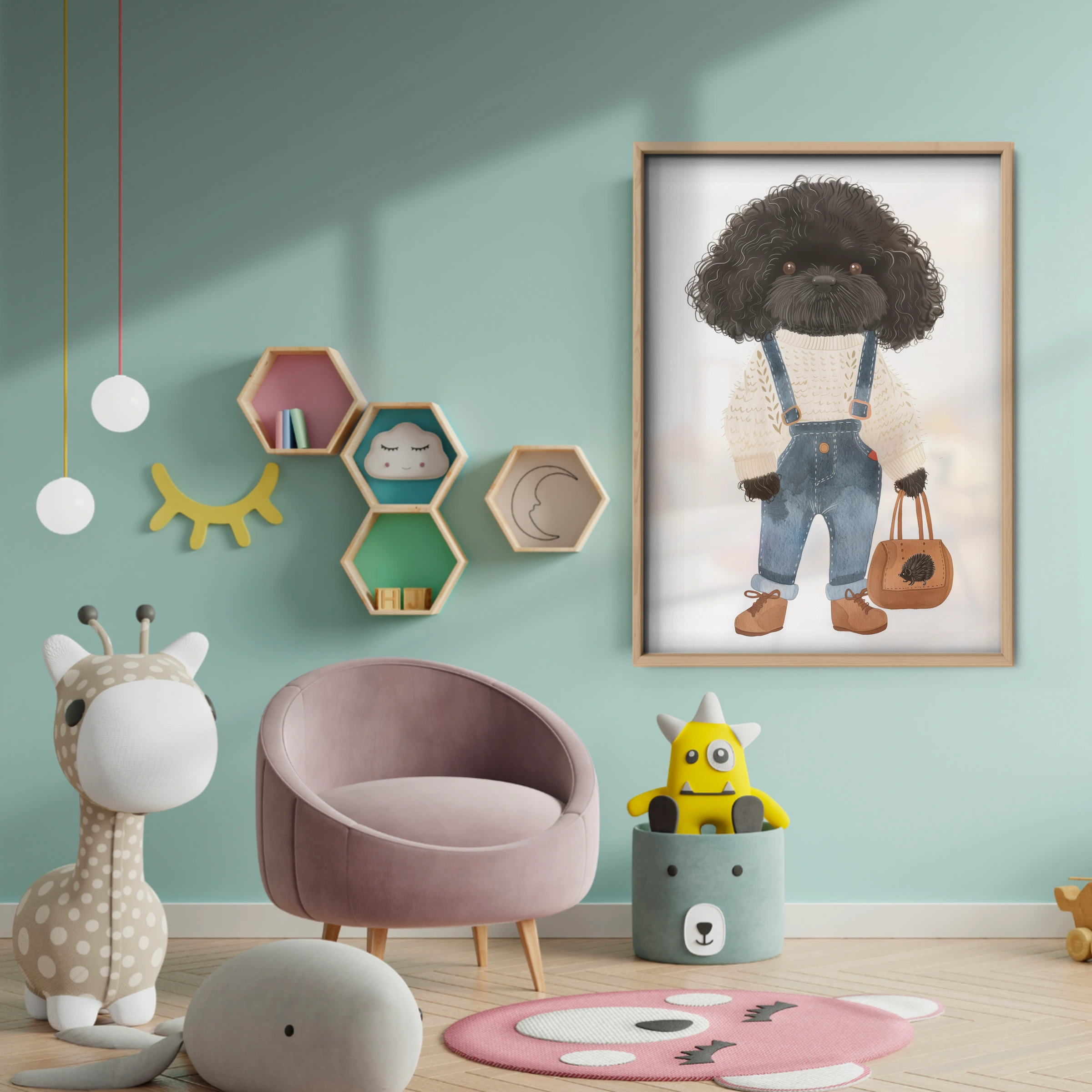 Child with a Black Poodle Nursery Print - baby room wall decor print