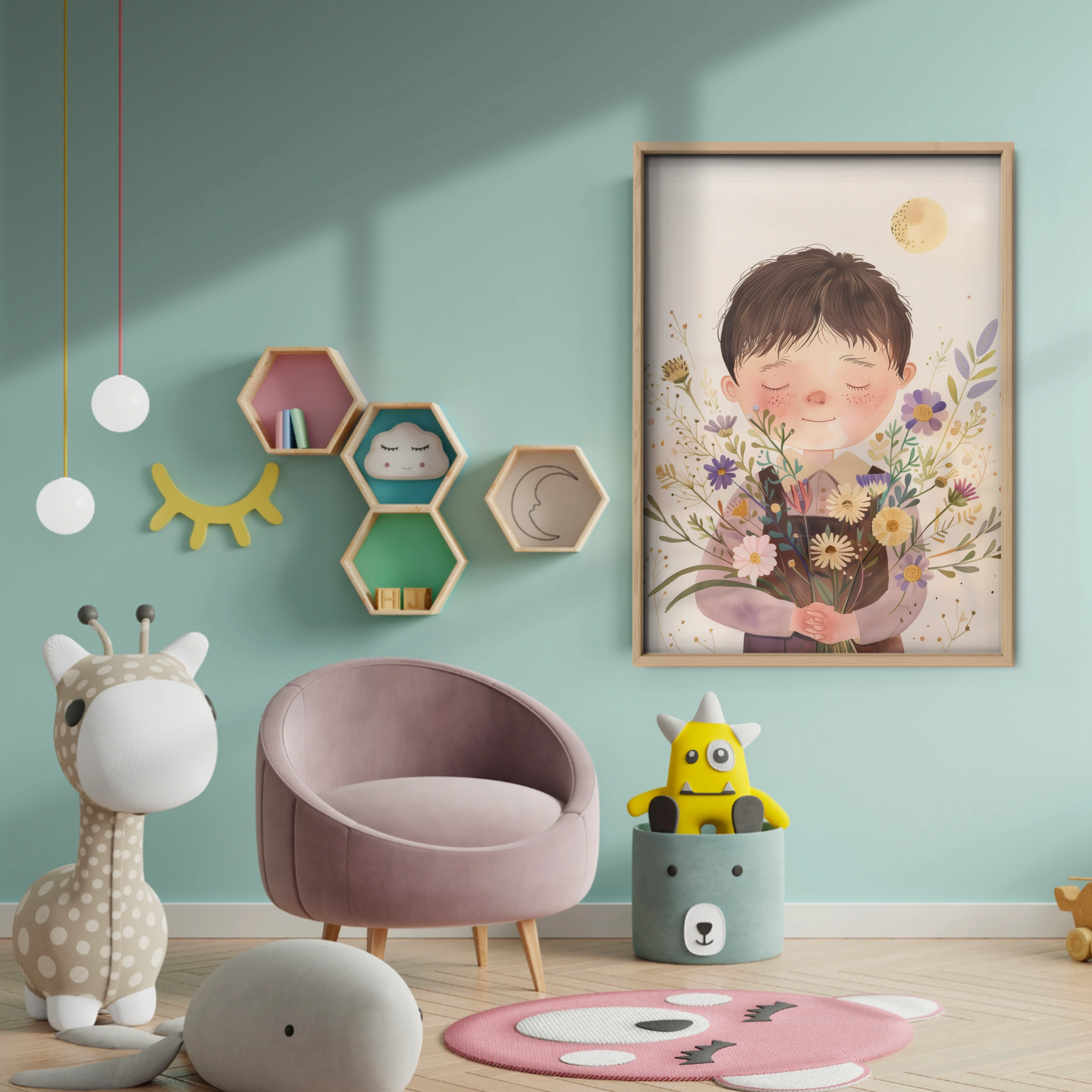 Child with Flowers Nursery Print - baby room wall decor print