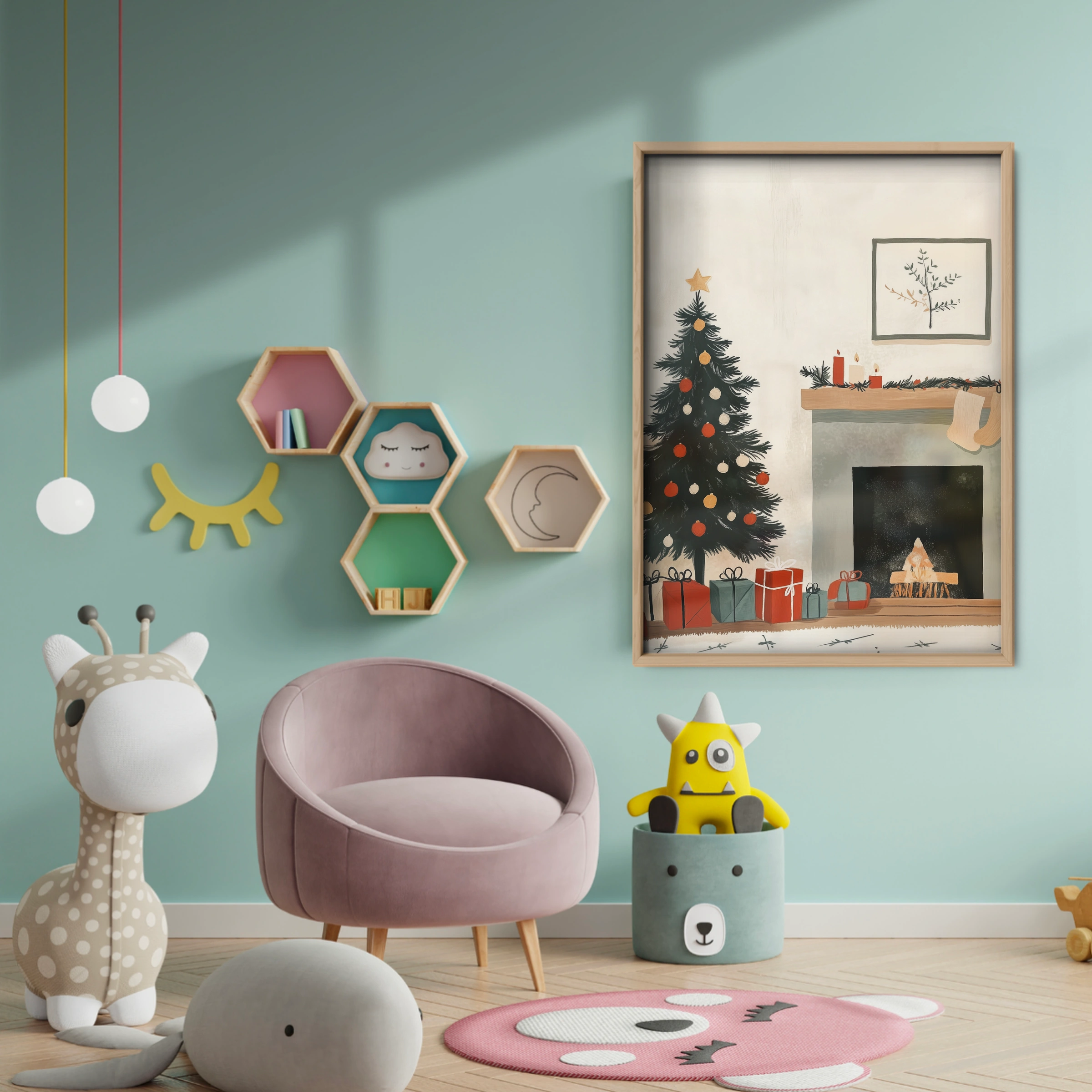 Christmas Tree and Fireplace Print - baby room wall decor print
