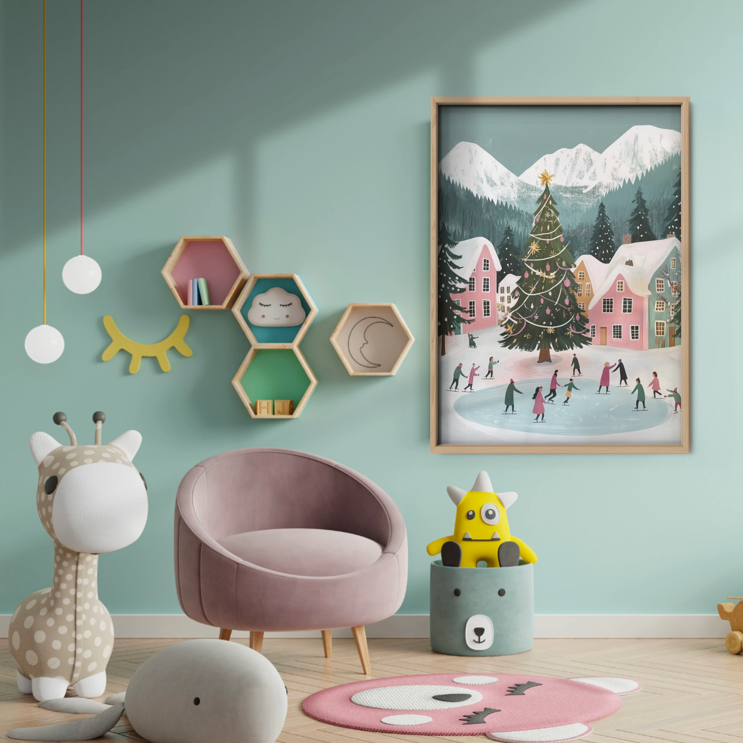 Christmas Village Skating Print - baby room wall decor print