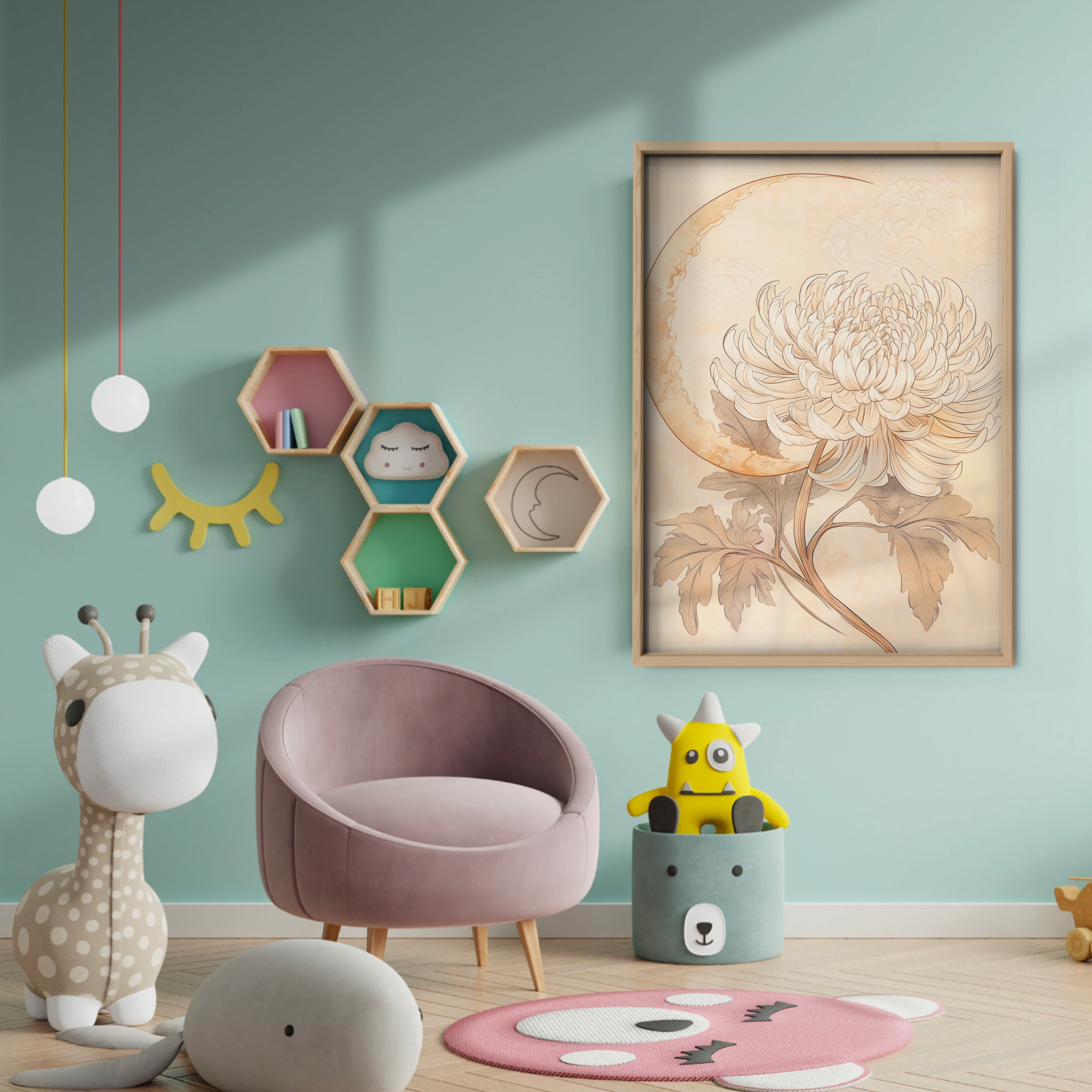 Chrysanthemum and Moon Nursery Print - baby room wall decor print